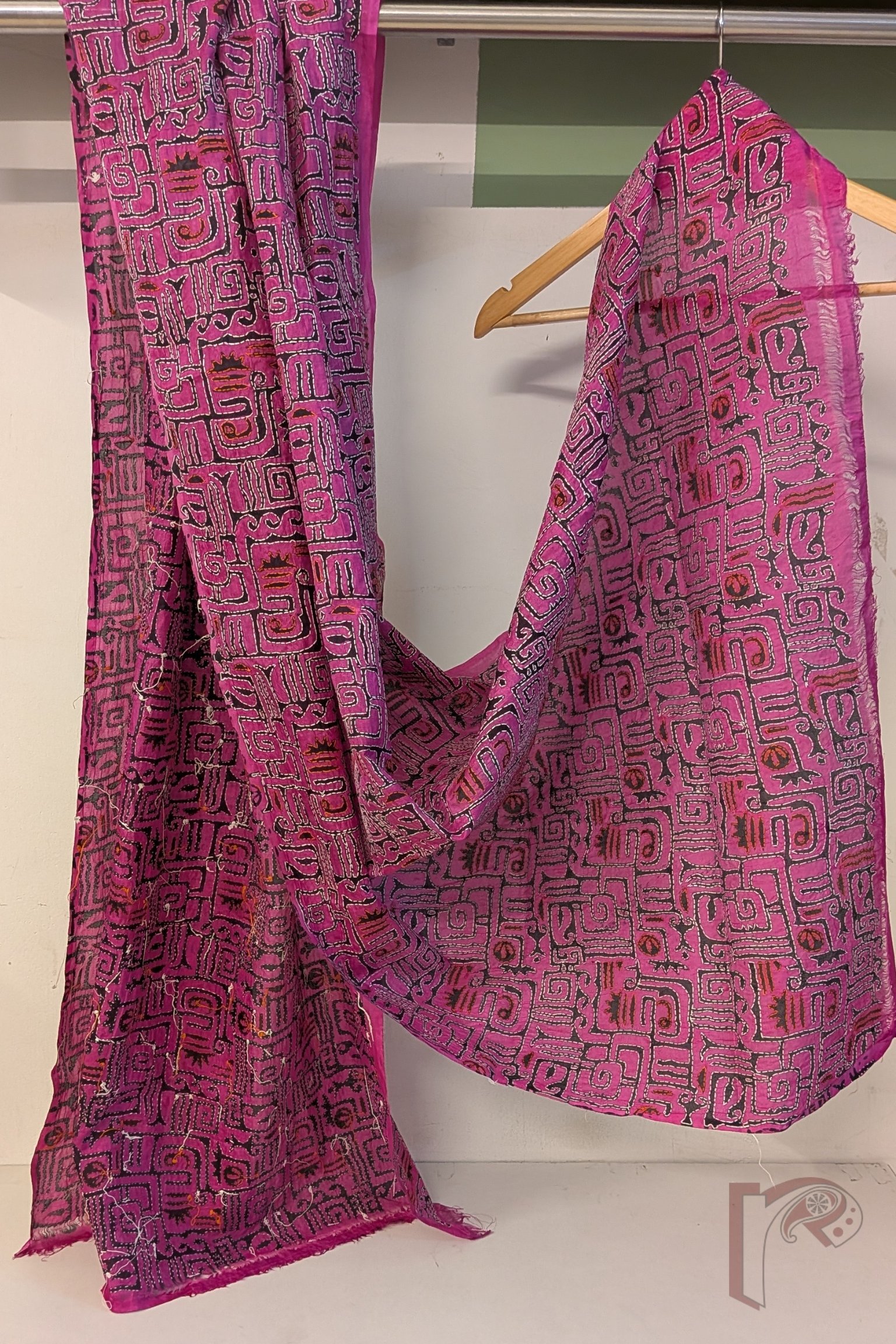 Dreamy Drapes - Bright Pink Tussar Kantha Dupatta with Black Abstract Print and White Tomato Pink Stitch