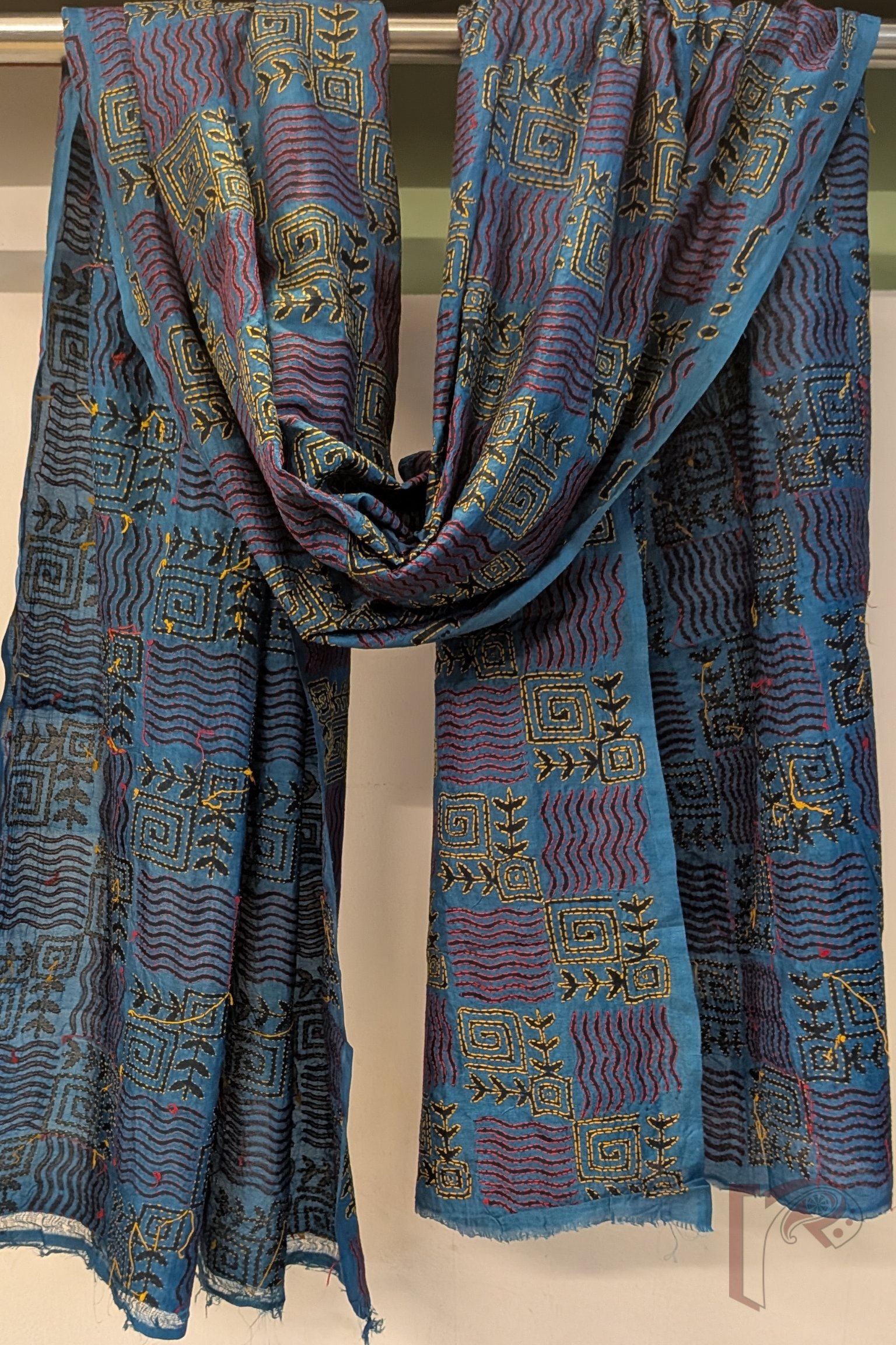 Dreamy Drapes - Ananda Blue Tussar Kantha Dupatta with Wave & Square Block Print and Red Yellow Stitch - Image 2