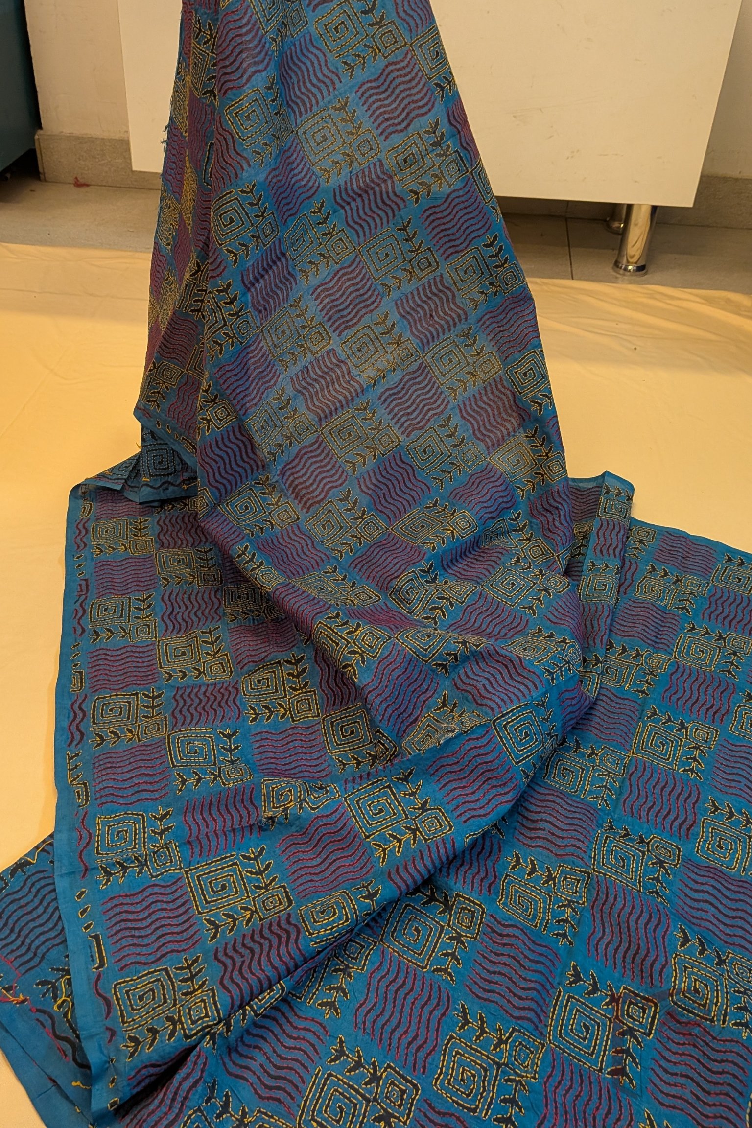 Dreamy Drapes - Ananda Blue Tussar Kantha Dupatta with Wave & Square Block Print and Red Yellow Stitch - Image 3