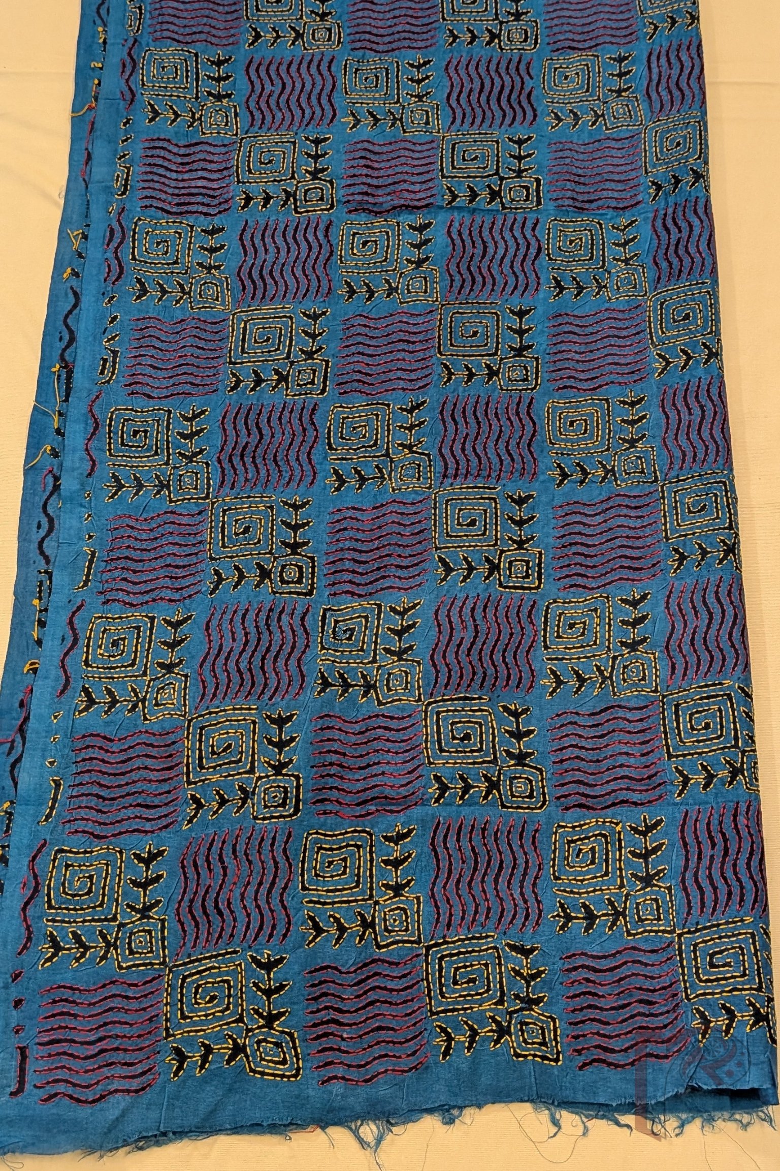Dreamy Drapes - Ananda Blue Tussar Kantha Dupatta with Wave & Square Block Print and Red Yellow Stitch - Image 5