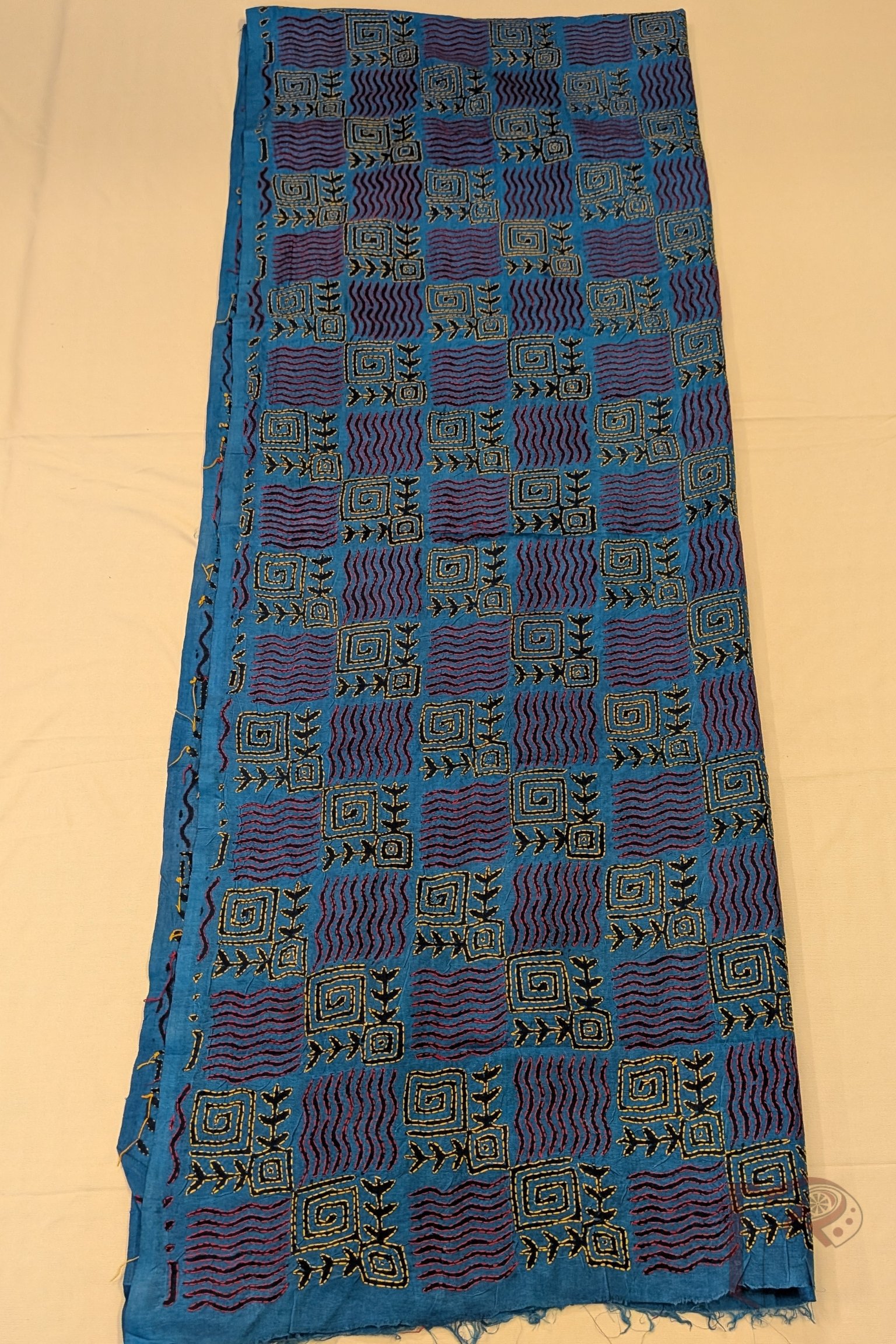 Dreamy Drapes - Ananda Blue Tussar Kantha Dupatta with Wave & Square Block Print and Red Yellow Stitch - Image 7