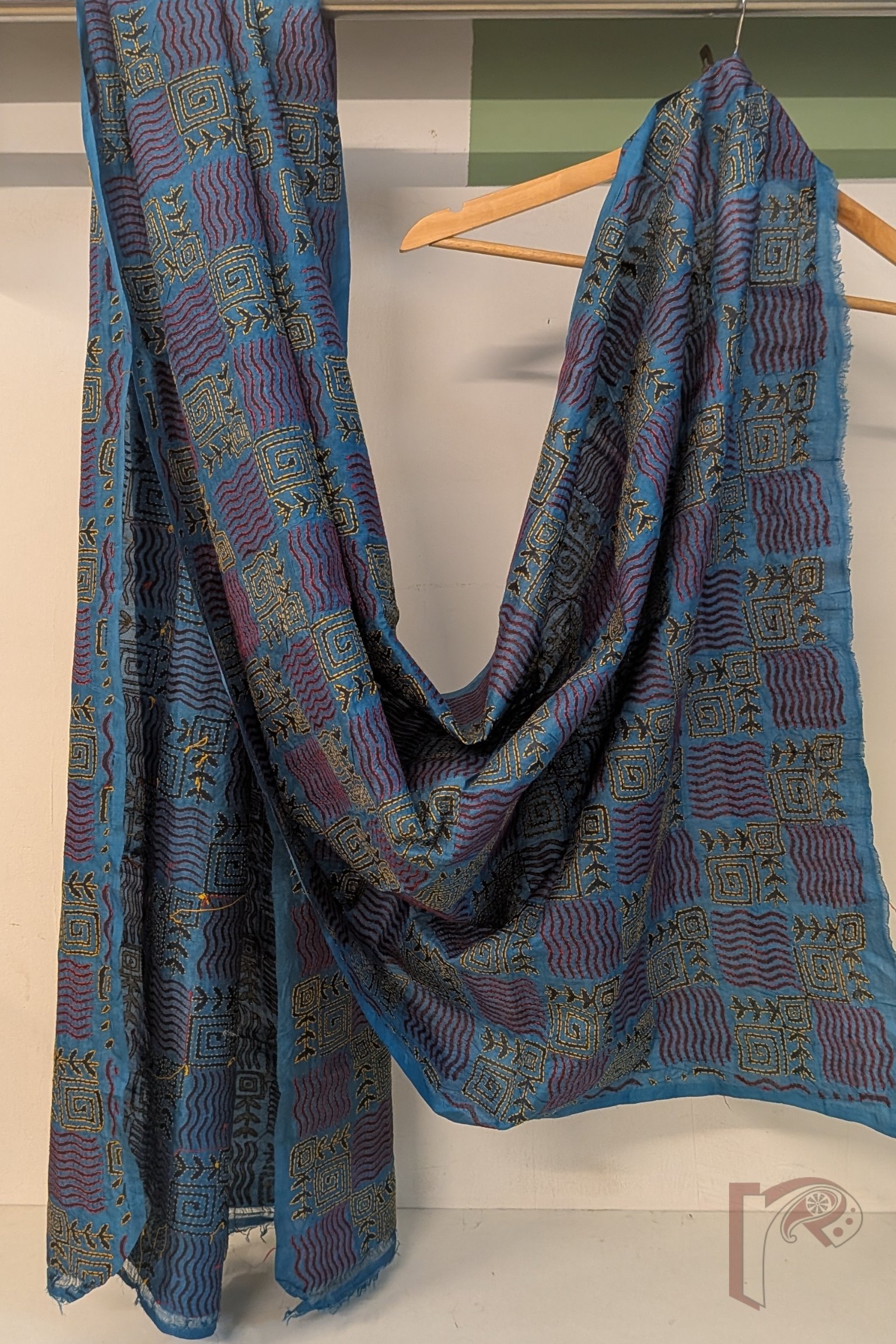 Dreamy Drapes - Ananda Blue Tussar Kantha Dupatta with Wave & Square Block Print and Red Yellow Stitch