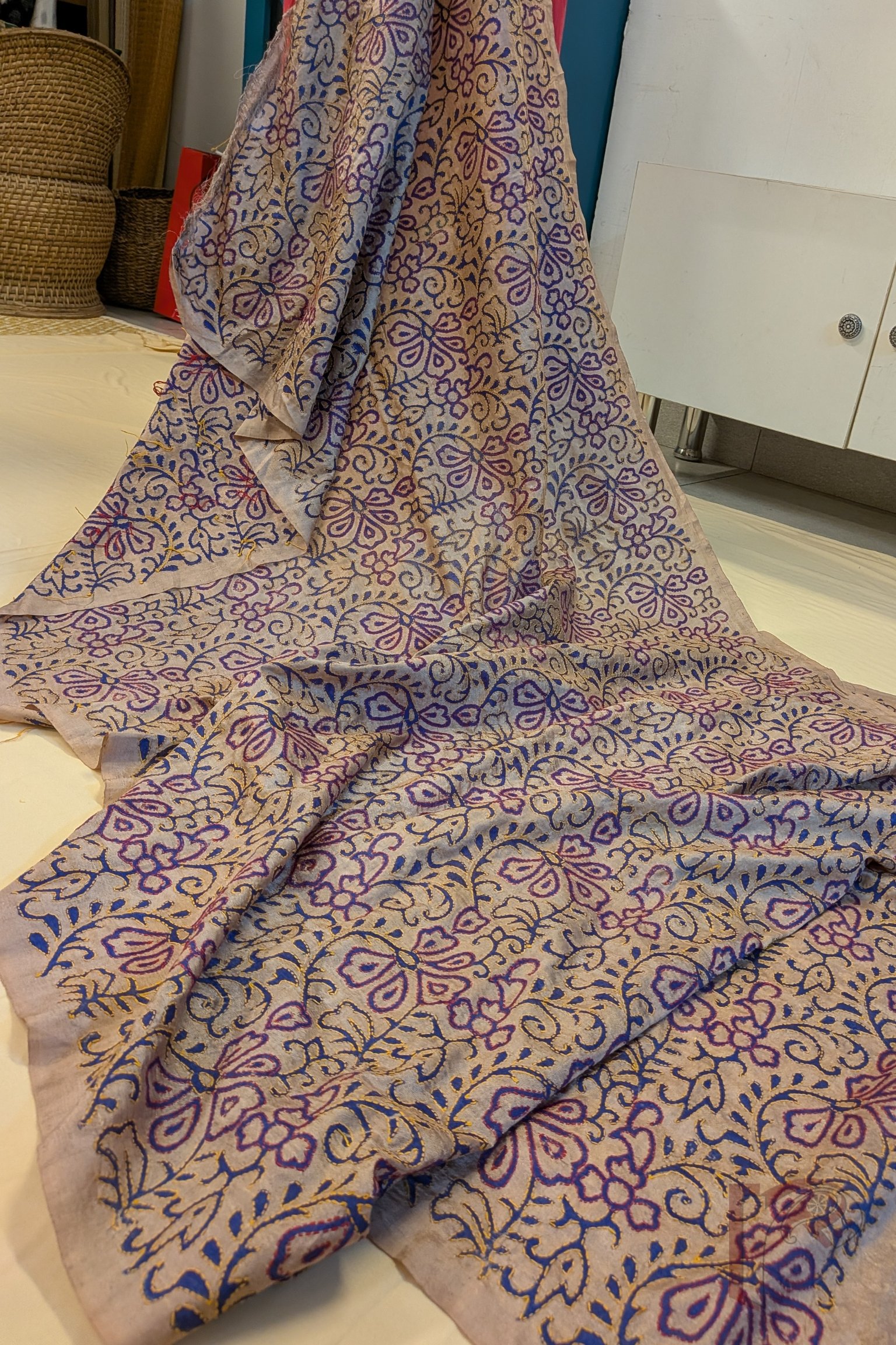 Dreamy Drapes - Flesh Pink Tussar Kantha Dupatta with Floral Bud Motifs and Yellow Red Stitch - Image 3