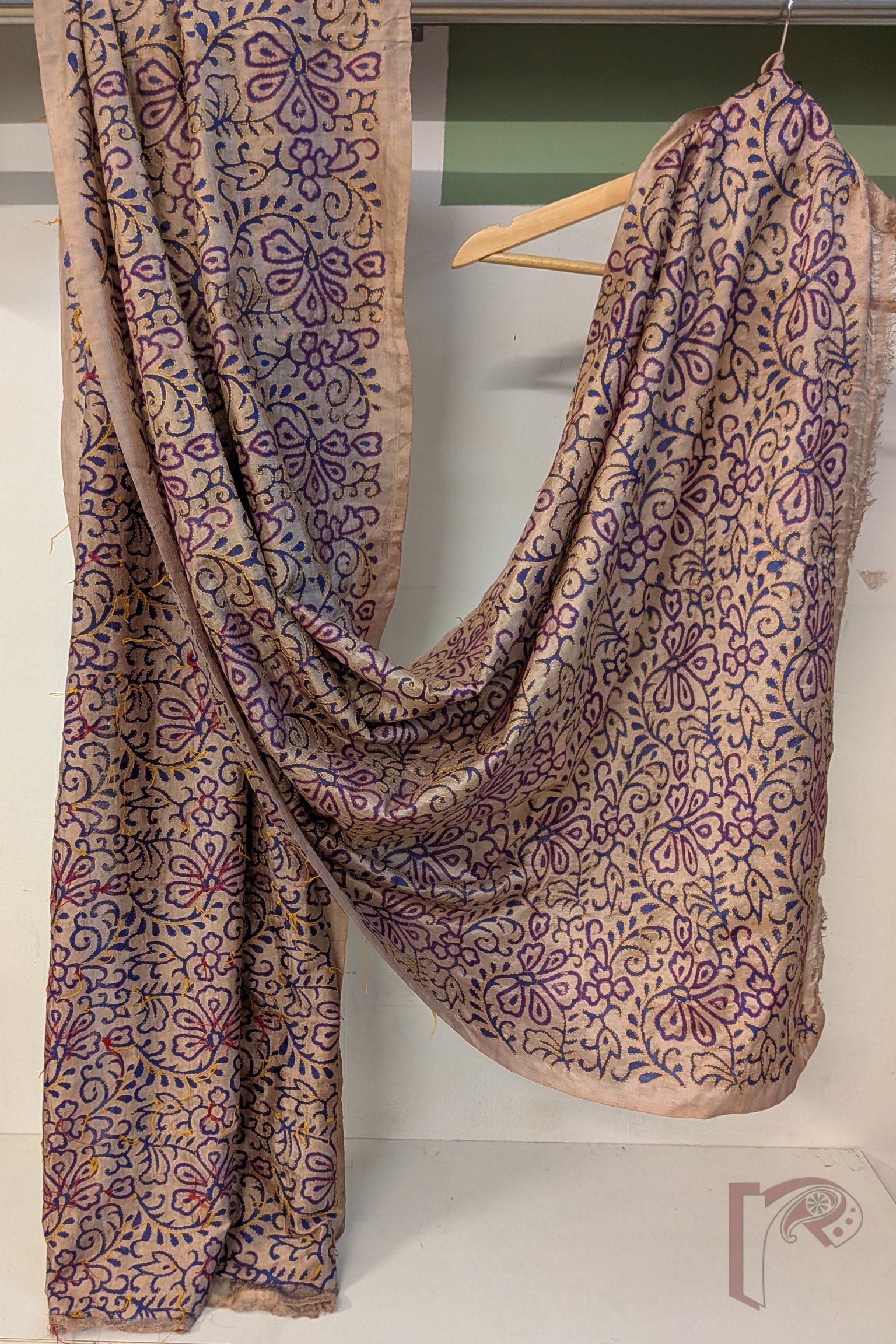 Dreamy Drapes - Flesh Pink Tussar Kantha Dupatta with Floral Bud Motifs and Yellow Red Stitch