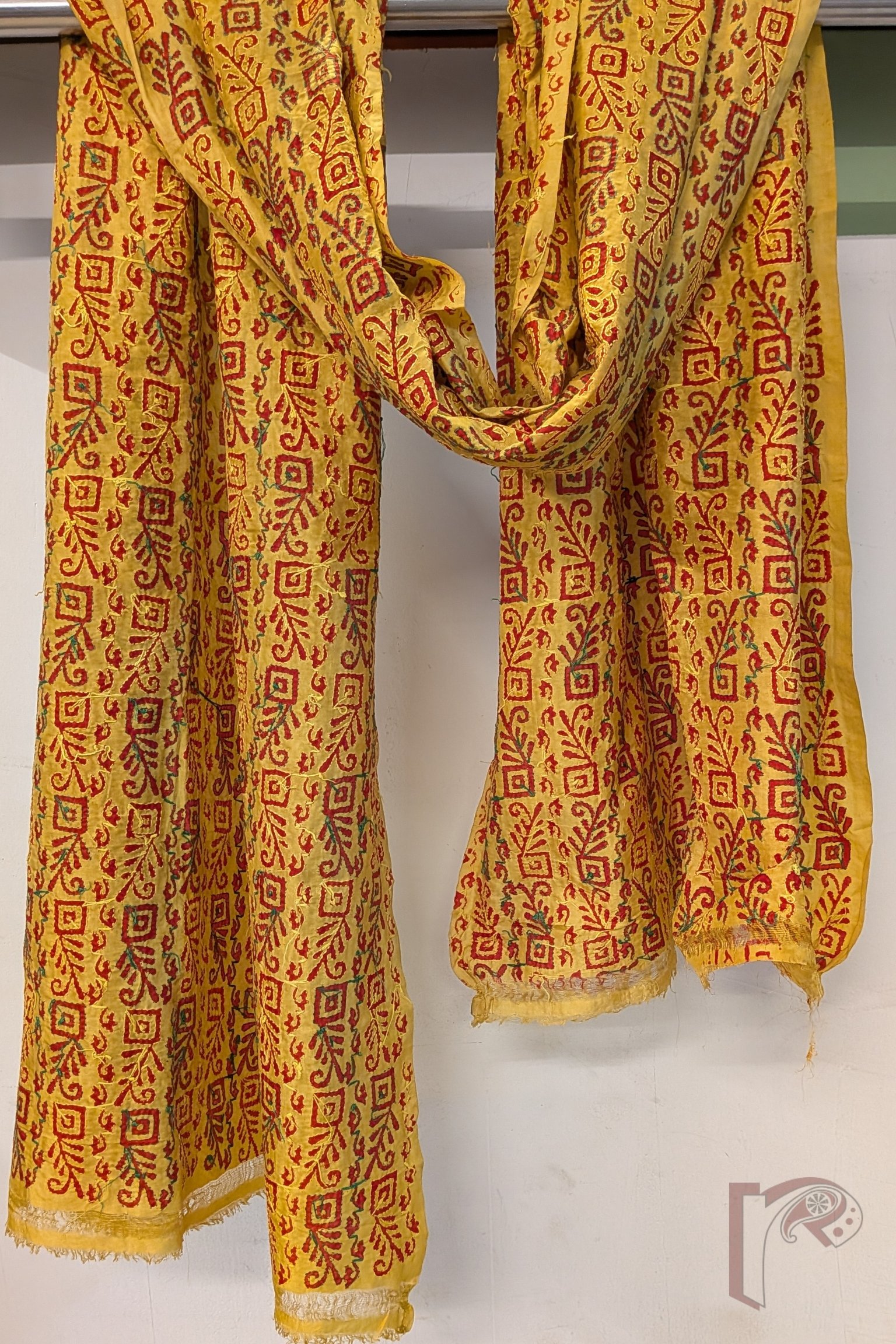 Dreamy Drapes - Mango Yellow Tussar Kantha Dupatta with Box Leaf Stem Pattern and Green Yellow Stitch - Image 2