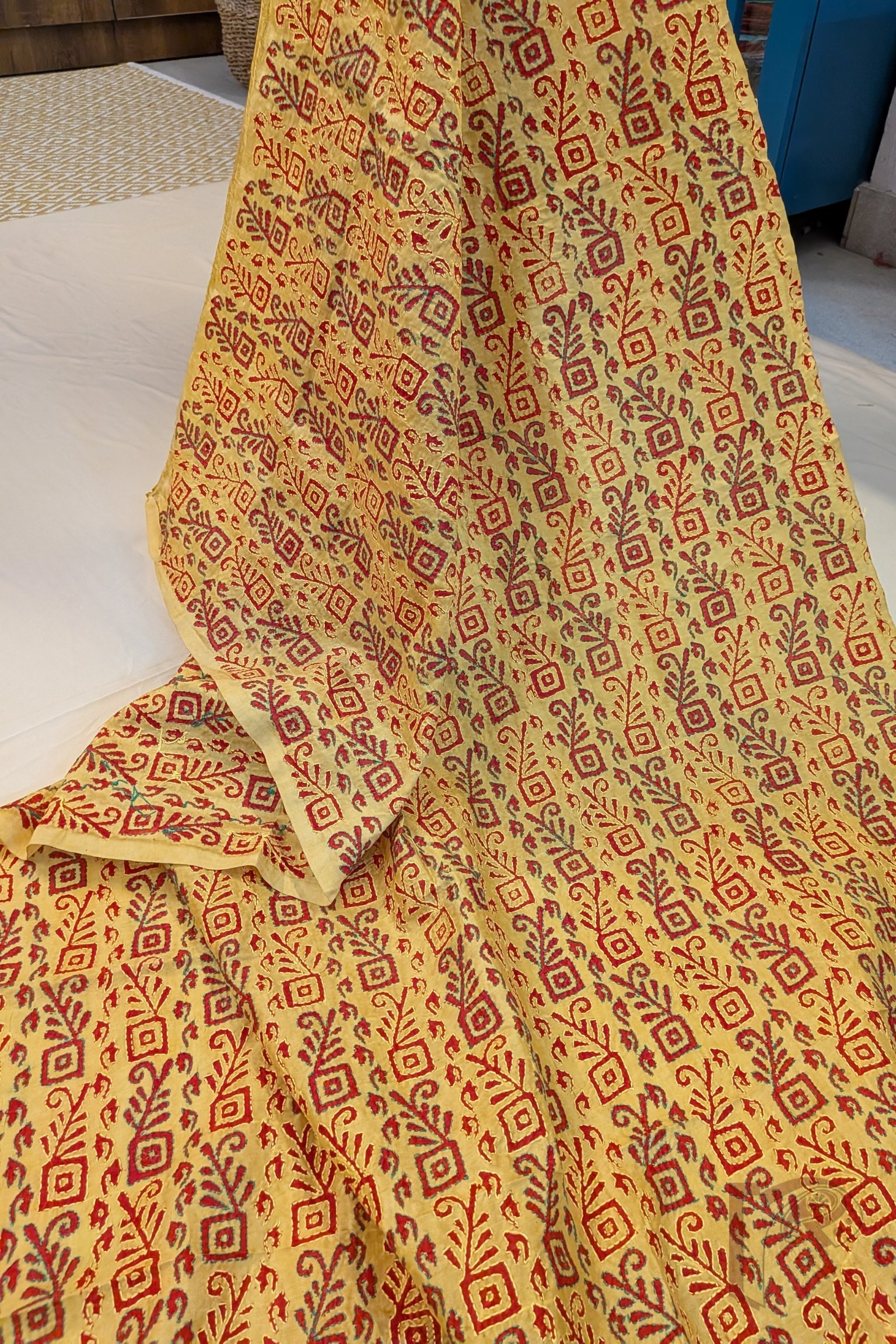Dreamy Drapes - Mango Yellow Tussar Kantha Dupatta with Box Leaf Stem Pattern and Green Yellow Stitch - Image 3