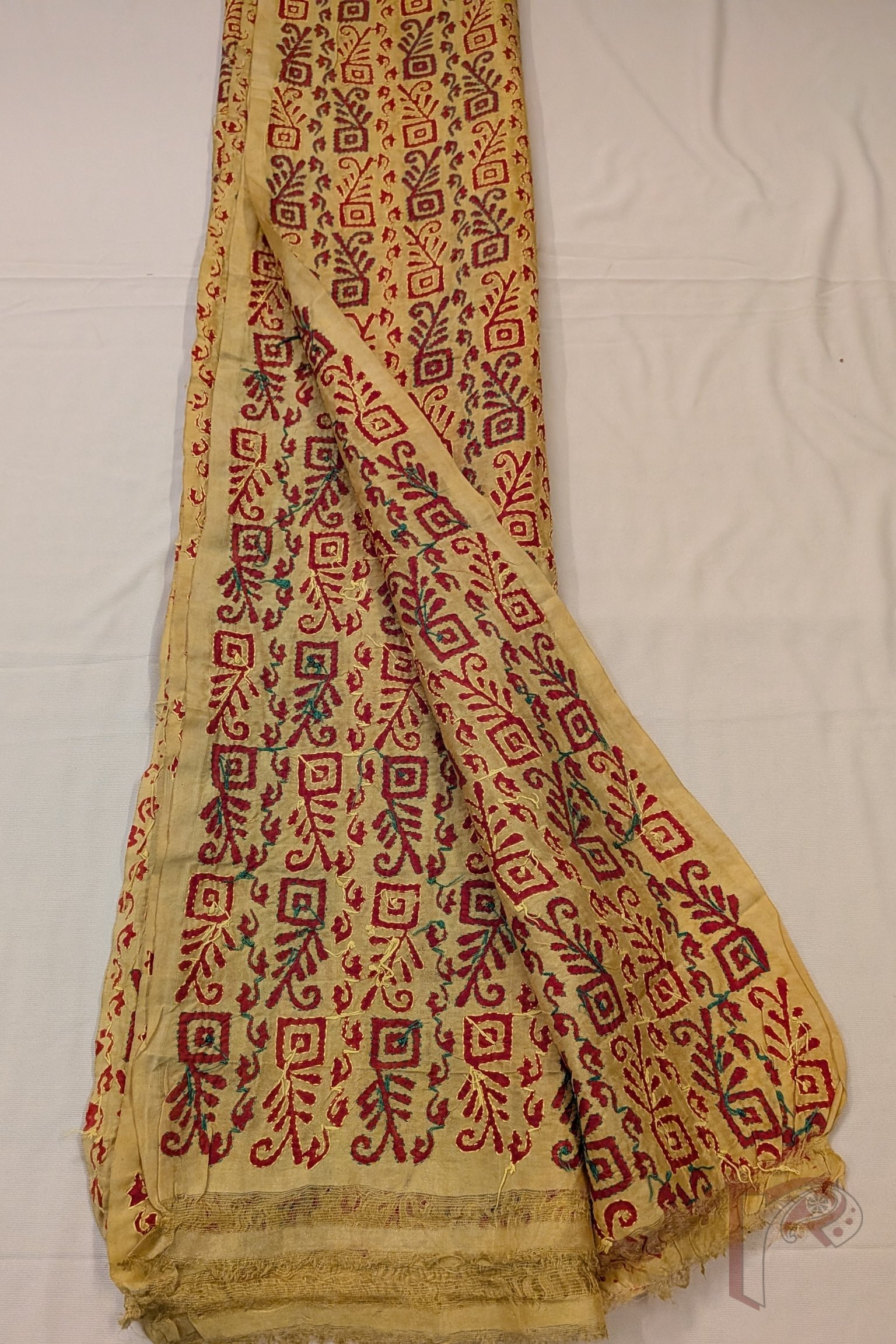 Dreamy Drapes - Mango Yellow Tussar Kantha Dupatta with Box Leaf Stem Pattern and Green Yellow Stitch - Image 6