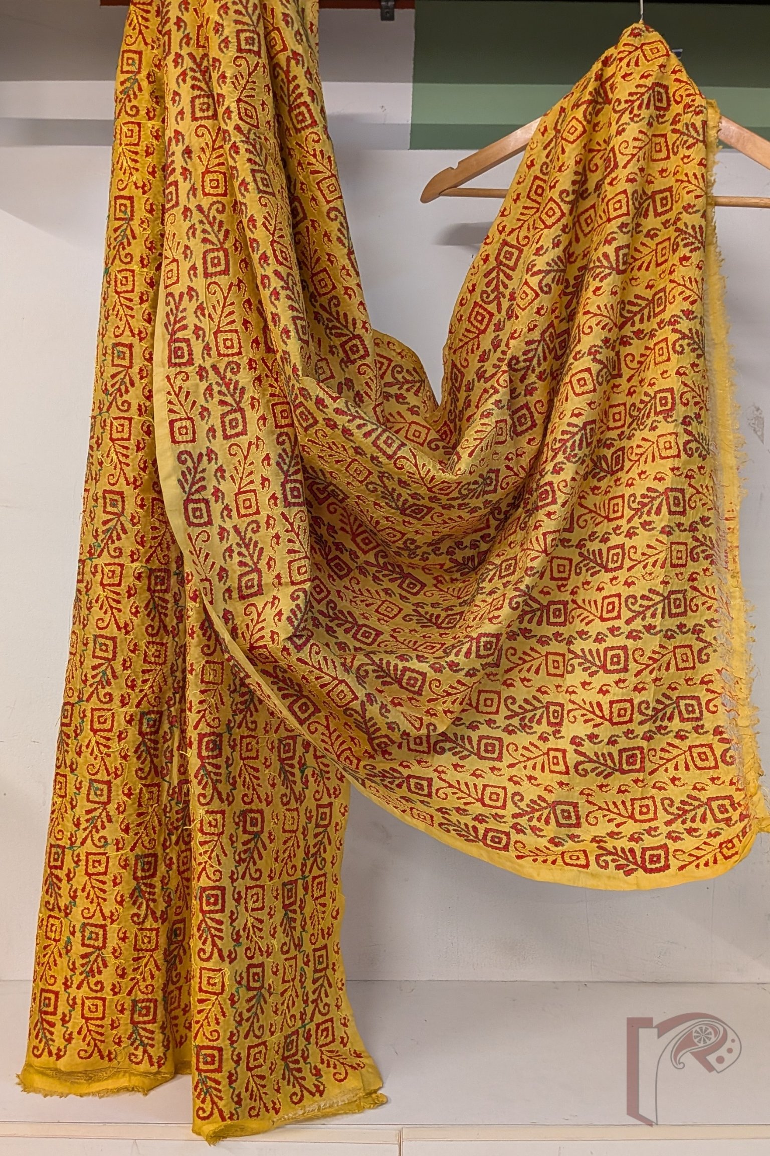 Dreamy Drapes - Mango Yellow Tussar Kantha Dupatta with Box Leaf Stem Pattern and Green Yellow Stitch