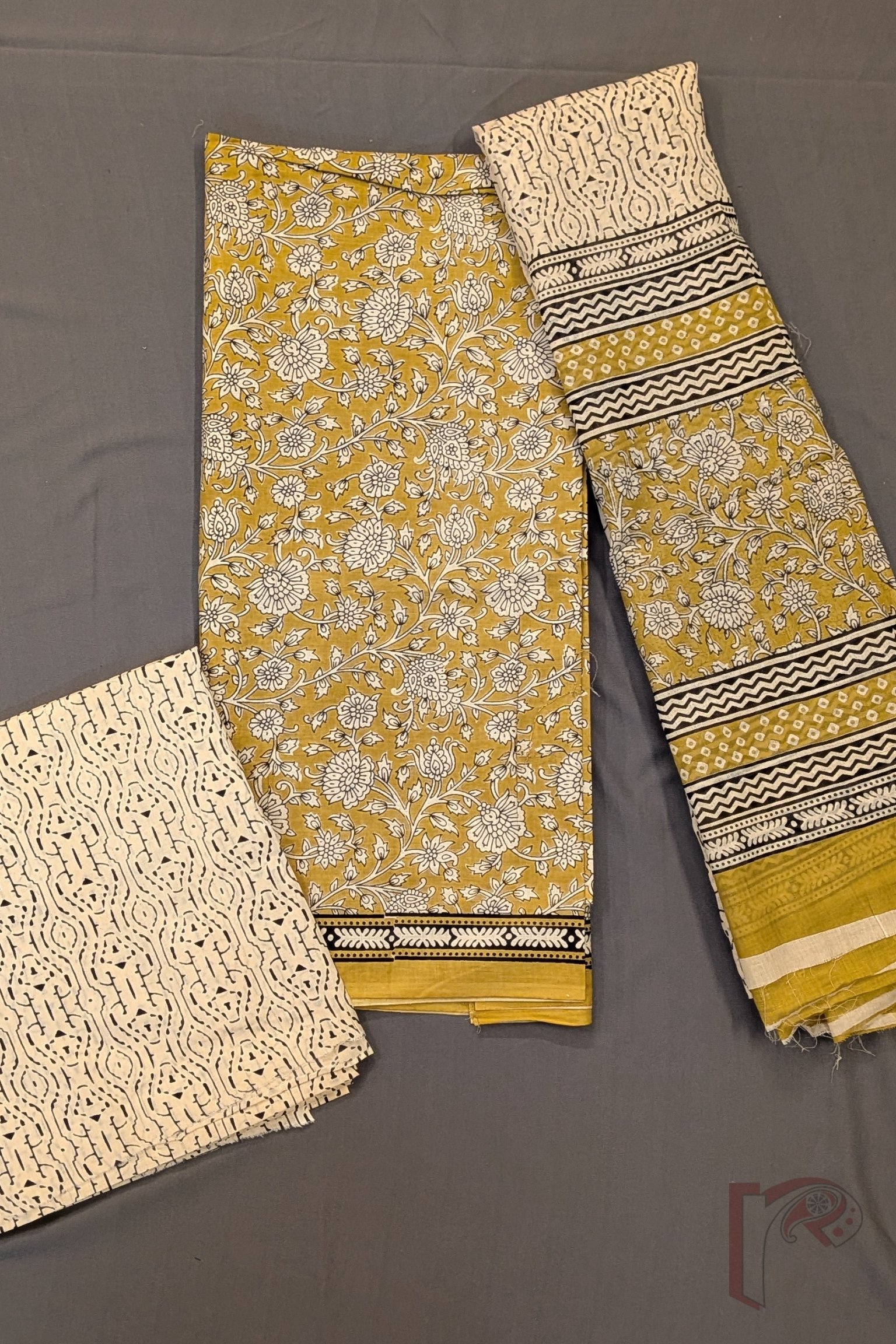 Suit stories - Mustard Yellow Kalamkari Floral Mul Cotton Suit Set with Cream Abstract & Mustard Border - Image 2