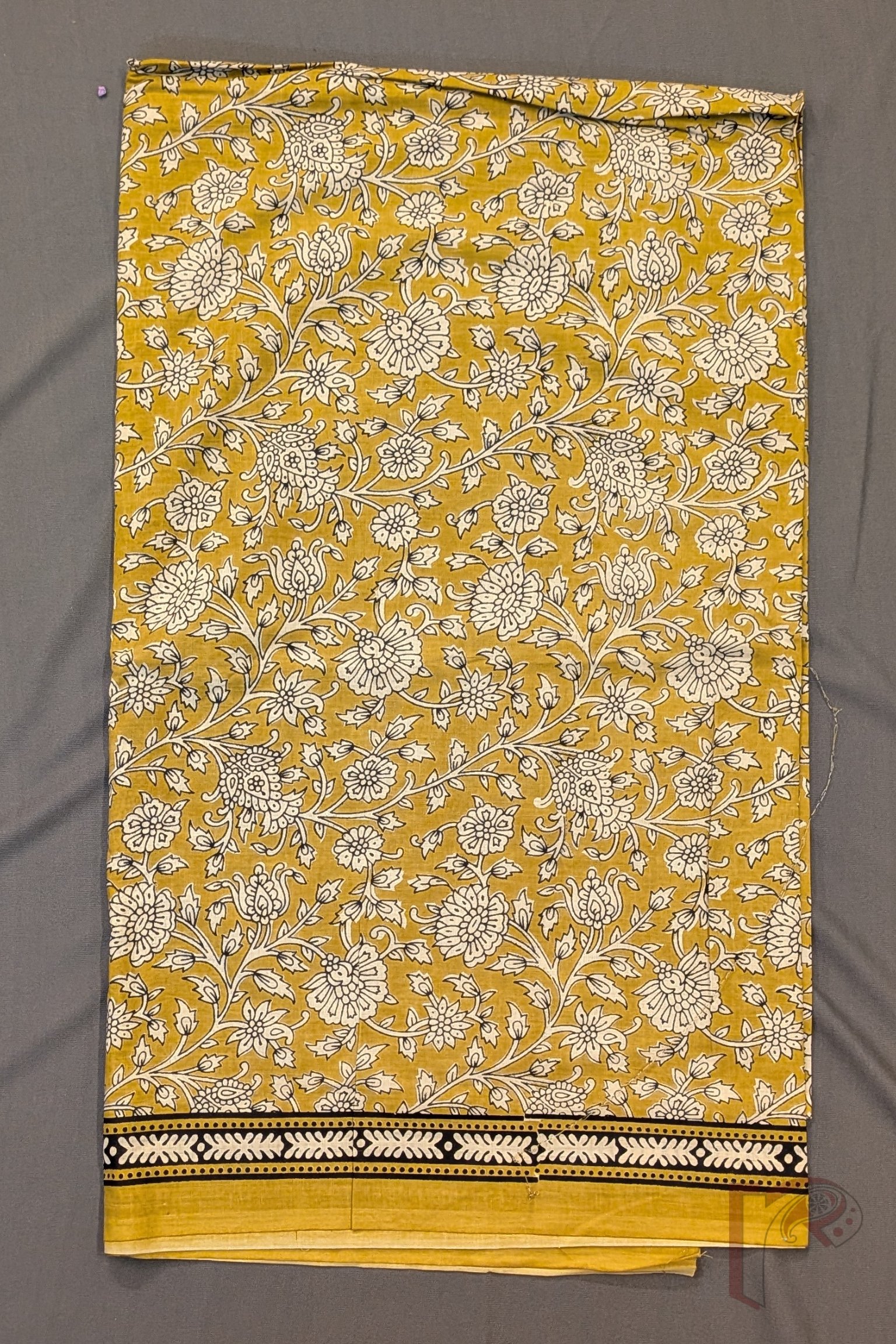 Suit stories - Mustard Yellow Kalamkari Floral Mul Cotton Suit Set with Cream Abstract & Mustard Border - Image 3