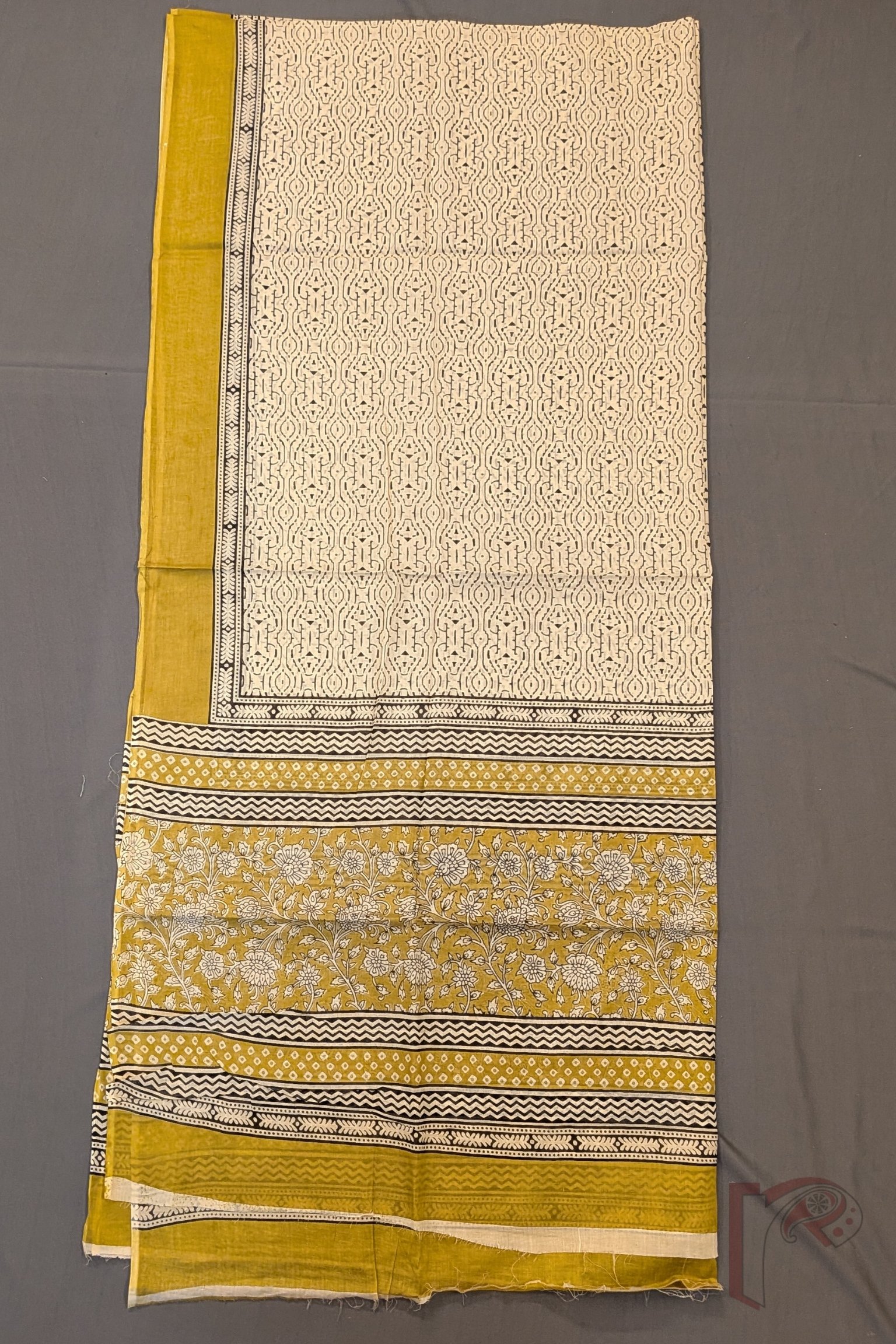 Suit stories - Mustard Yellow Kalamkari Floral Mul Cotton Suit Set with Cream Abstract & Mustard Border - Image 5