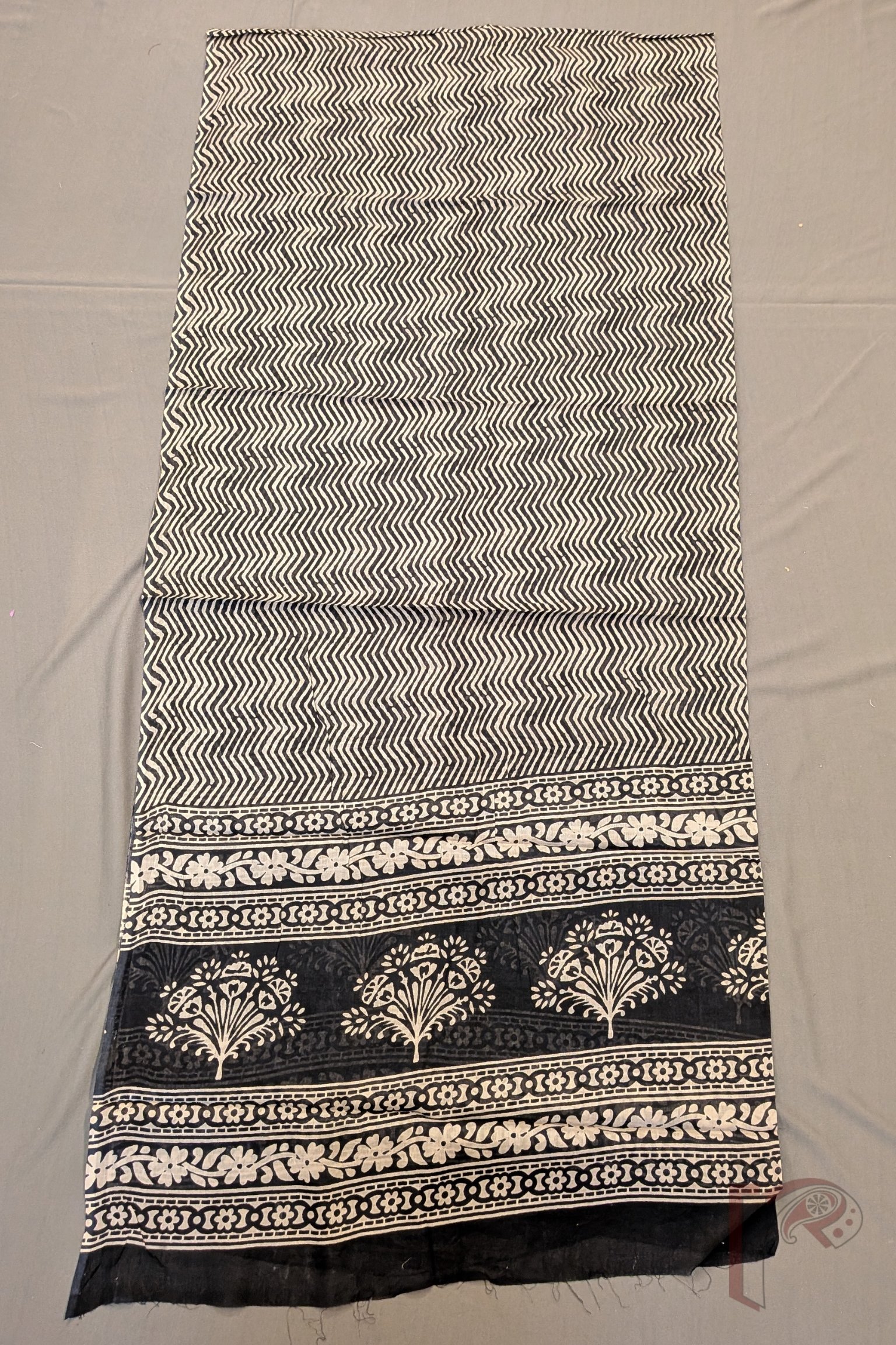 Suit stories - Black & Cream Floral Motif Mul Cotton Suit Set with Herringbone Print Dupatta - Image 5