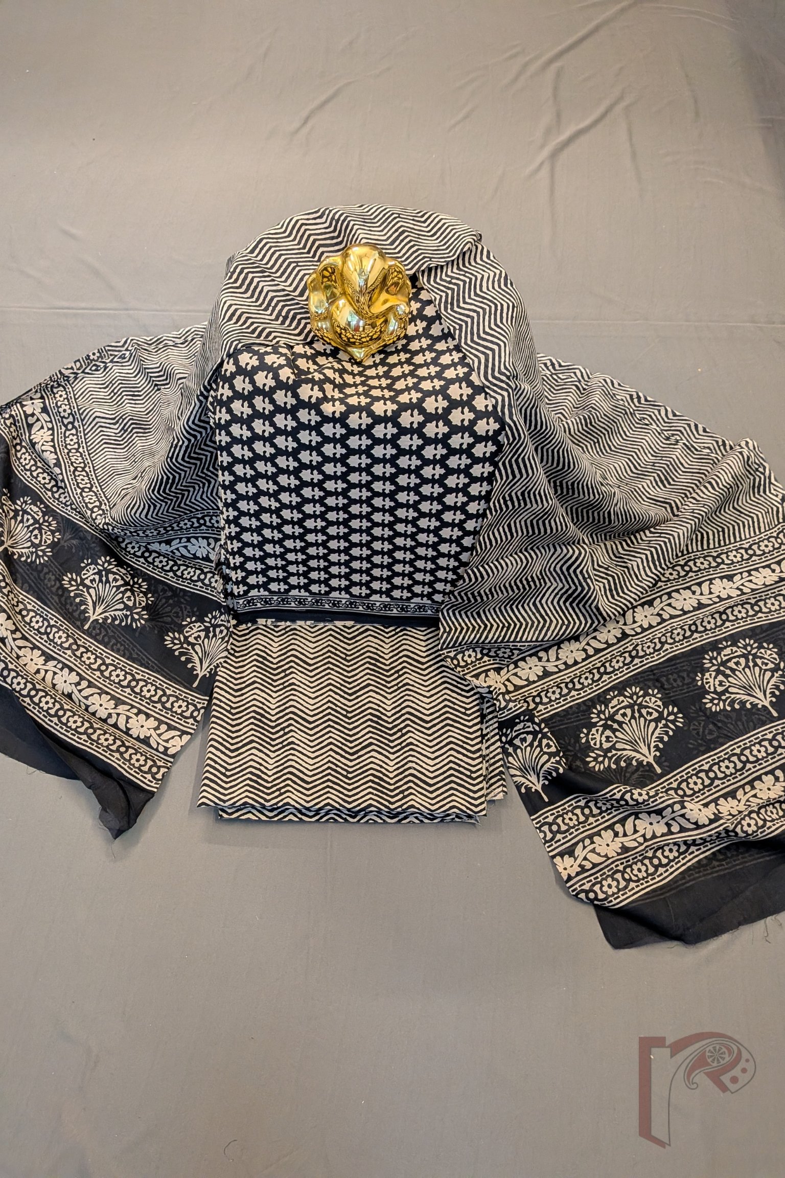 Suit stories - Black & Cream Floral Motif Mul Cotton Suit Set with Herringbone Print Dupatta