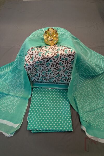 Suit stories - Pista Green & White Block Print Mul Cotton Suit Set with Swirl Floral & Bandhini Dupatta