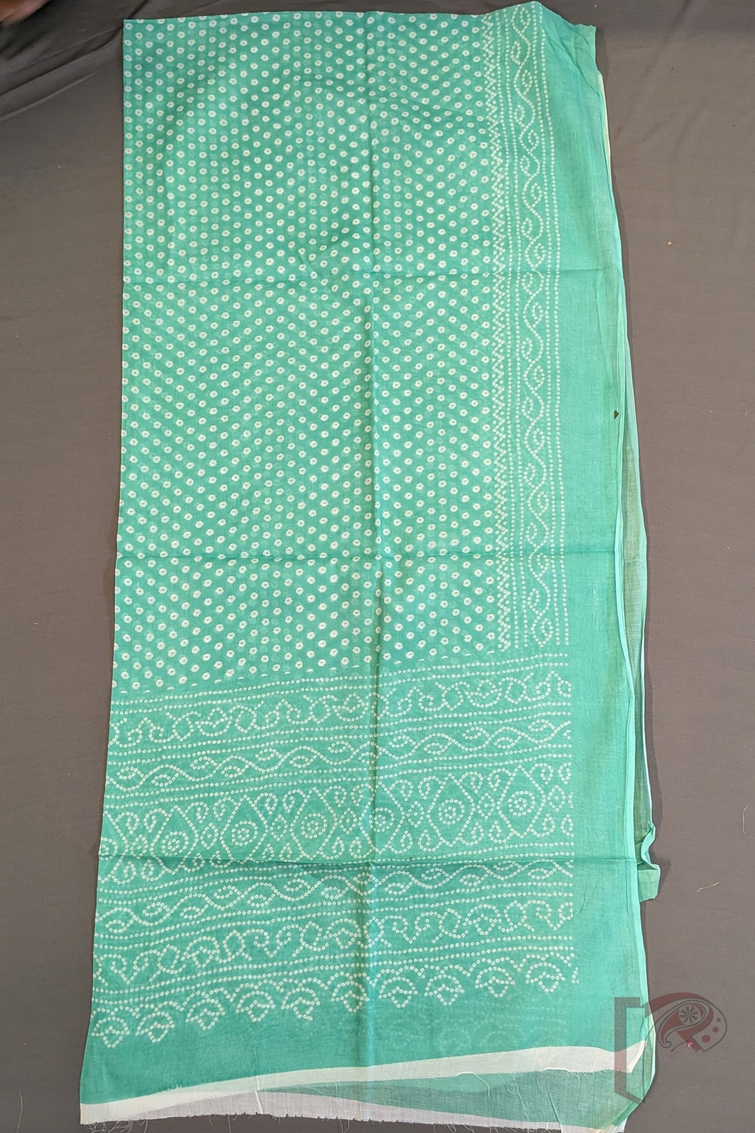Suit stories - Pista Green & White Block Print Mul Cotton Suit Set with Swirl Floral & Bandhini Dupatta - Image 5
