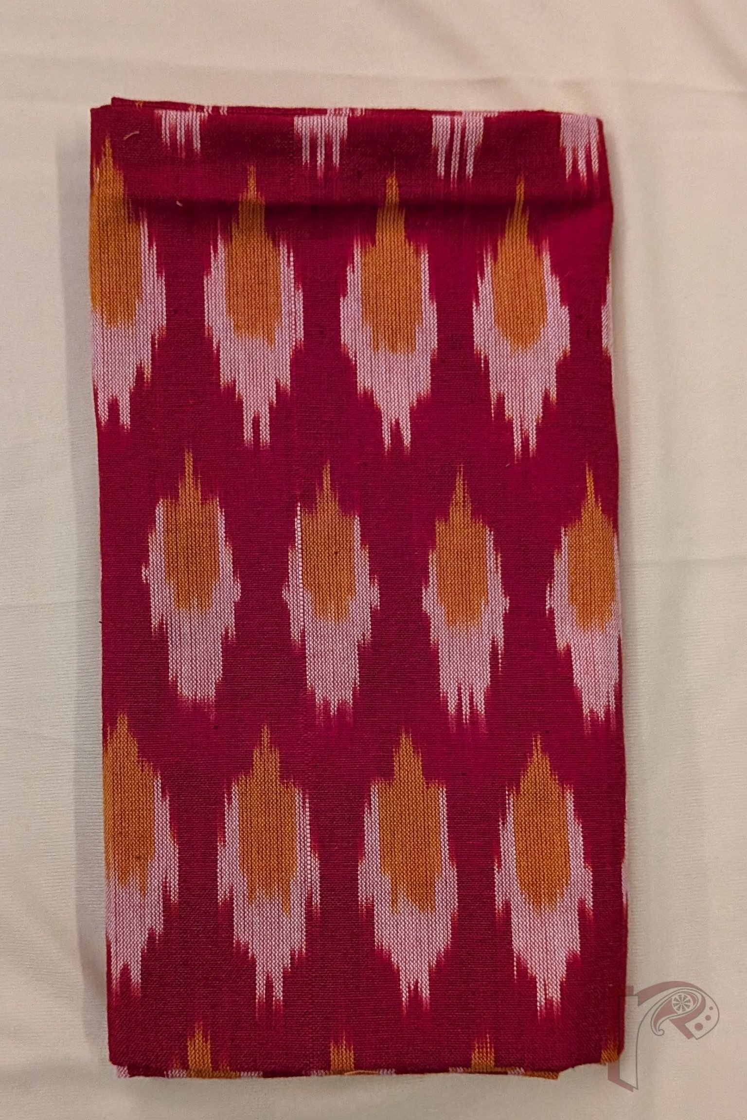 Red Ikkat Cotton Blouse Piece with Flame Motif in Pink and Orange - Image 2