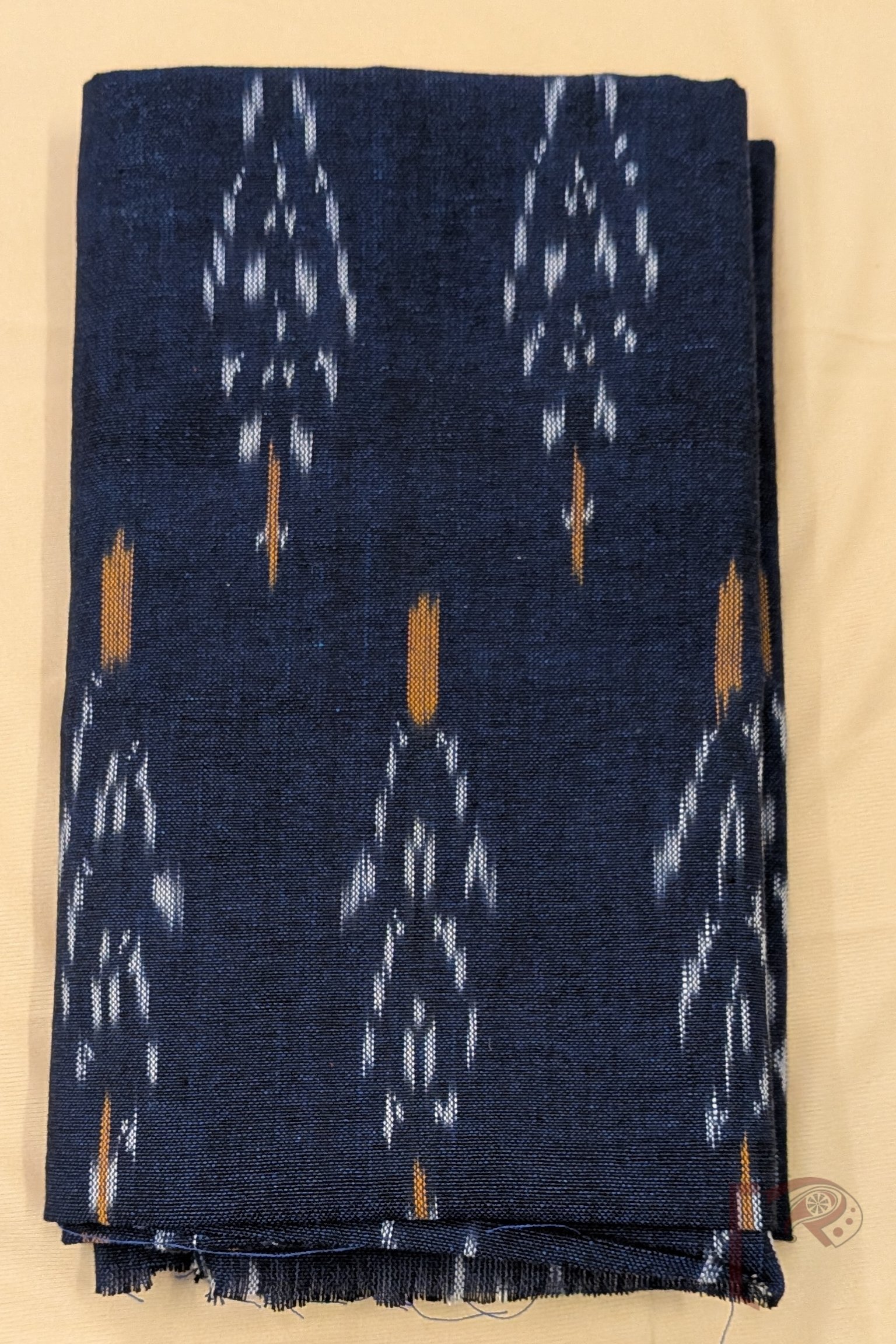 Dark Blue Tree Motif Ikkat Cotton Blouse Piece with Mustard Stem - Image 2