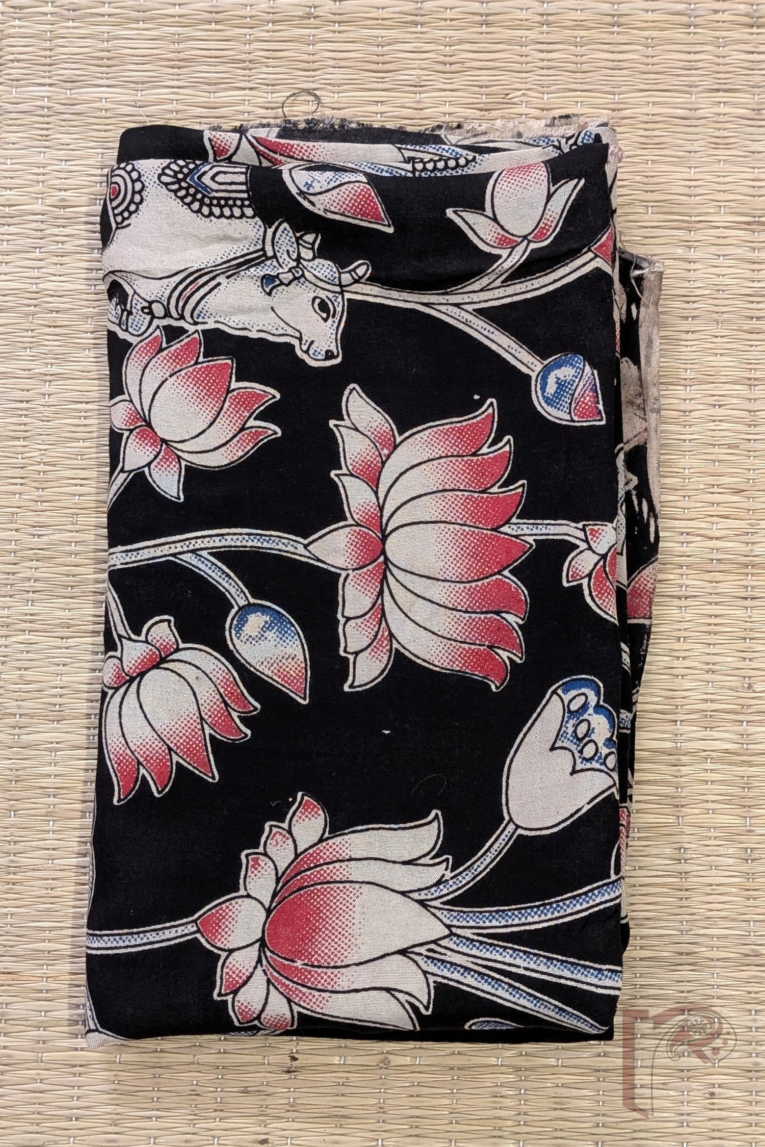 Black Cotton Silk Kalamkari Blouse with Cow and Lotus Stem Motifs in Offwhite, Red and Blue - Image 2