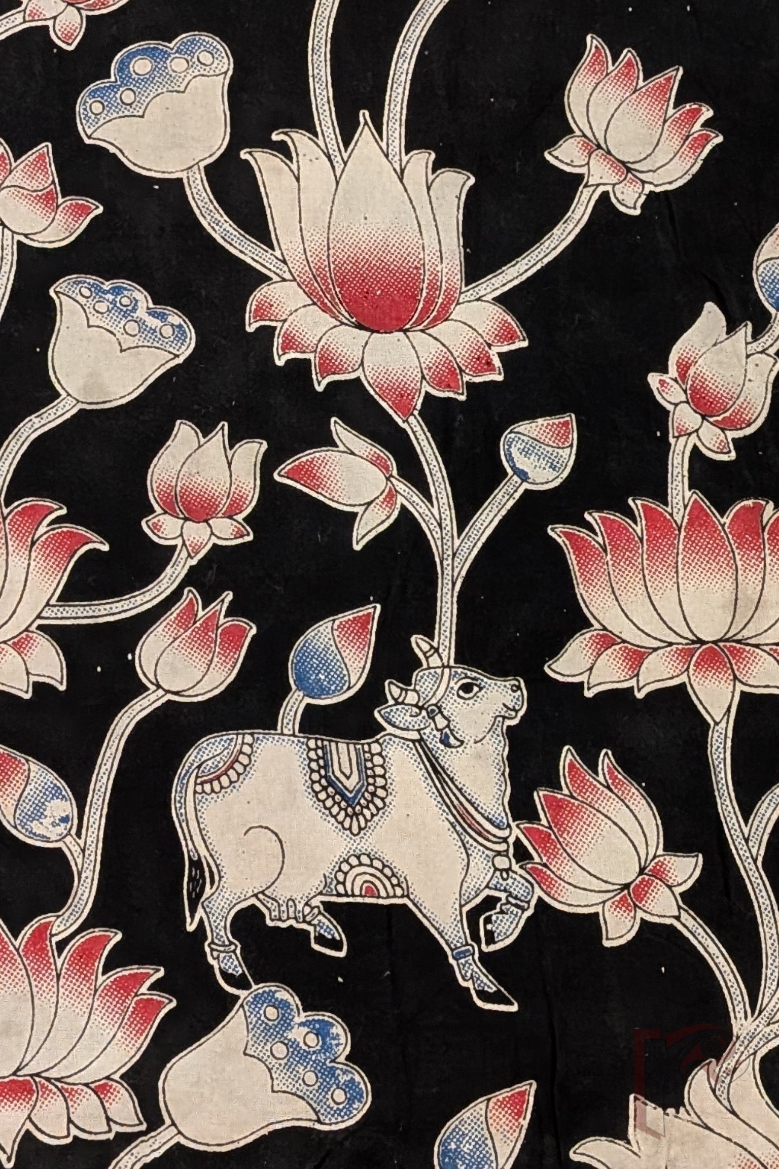 Black Cotton Silk Kalamkari Blouse with Cow and Lotus Stem Motifs in Offwhite, Red and Blue - Image 3