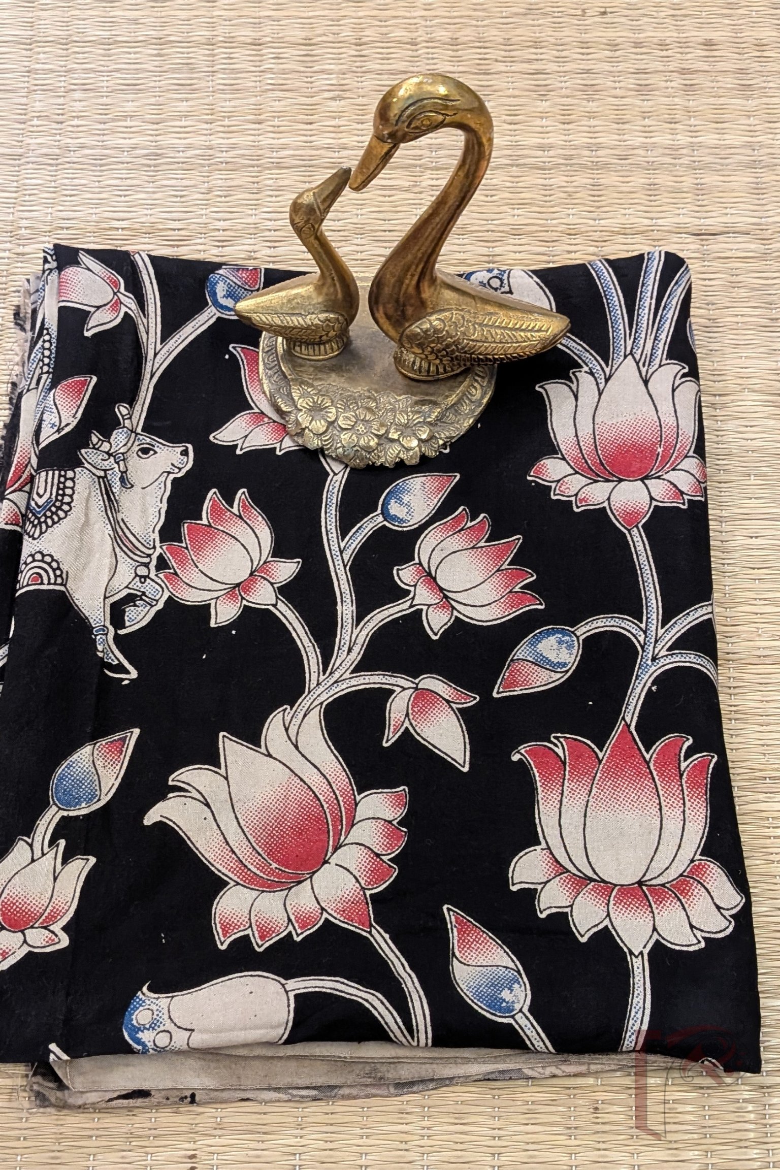 Black Cotton Silk Kalamkari Blouse with Cow and Lotus Stem Motifs in Offwhite, Red and Blue