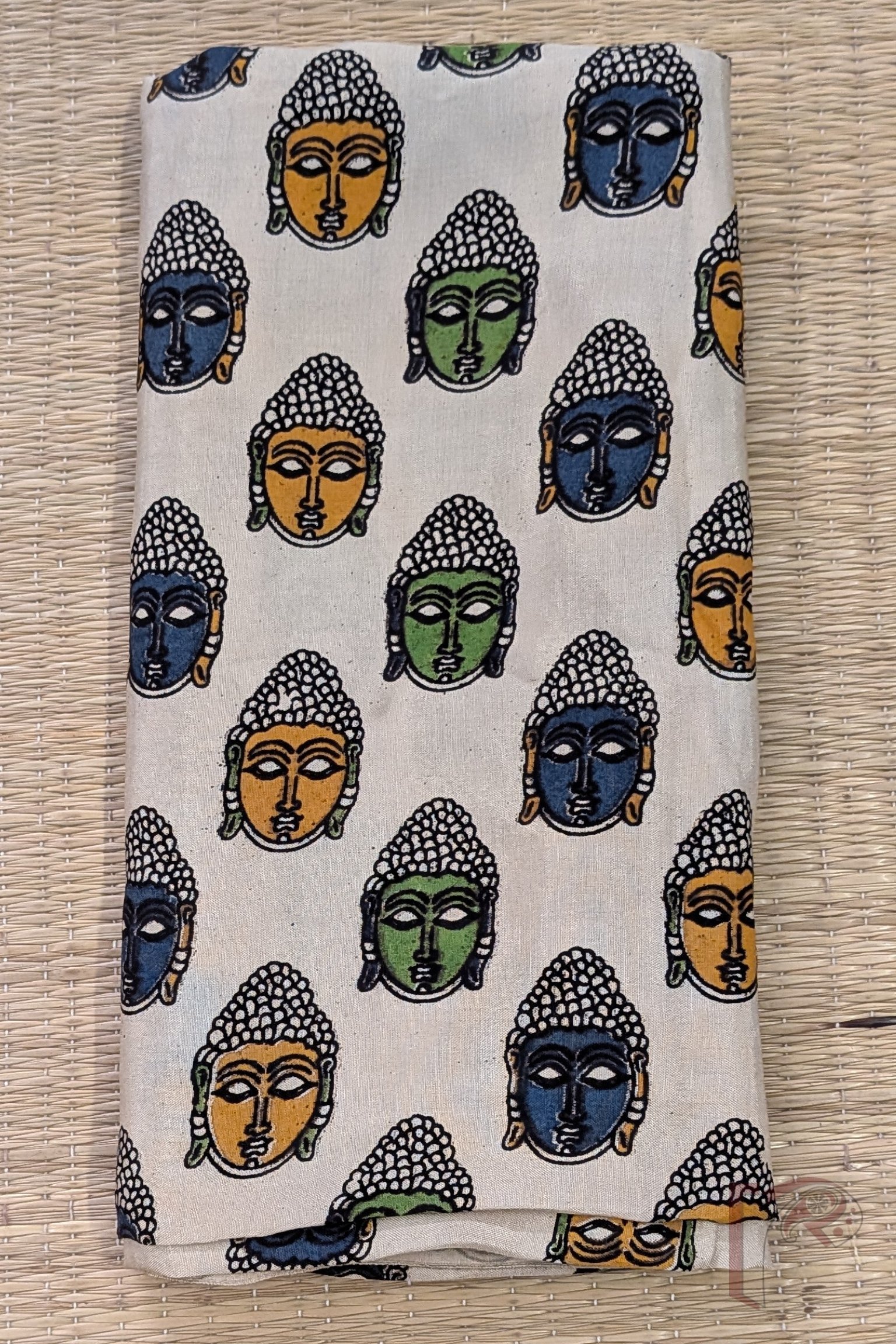 Cream Cotton Silk Kalamkari Blouse Piece with Blue, Green and Yellow Buddha Face Motifs - Image 2