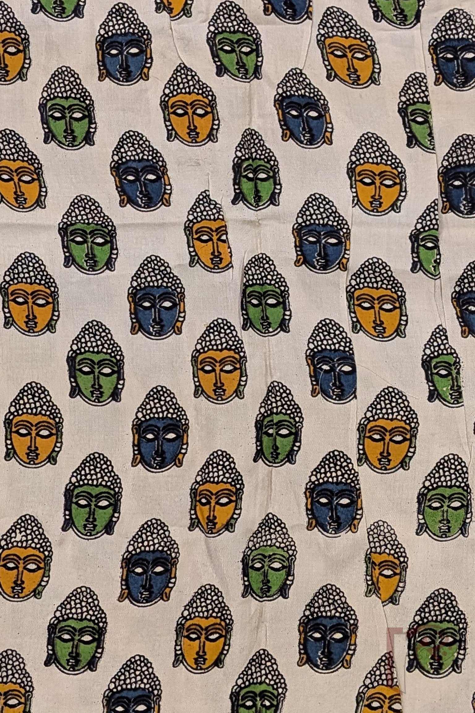 Cream Cotton Silk Kalamkari Blouse Piece with Blue, Green and Yellow Buddha Face Motifs - Image 3