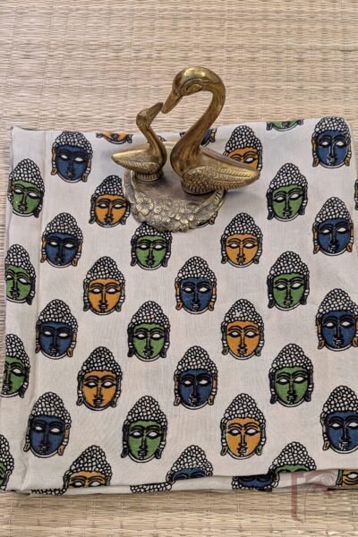 Cream Cotton Silk Kalamkari Blouse Piece with Blue, Green and Yellow Buddha Face Motifs