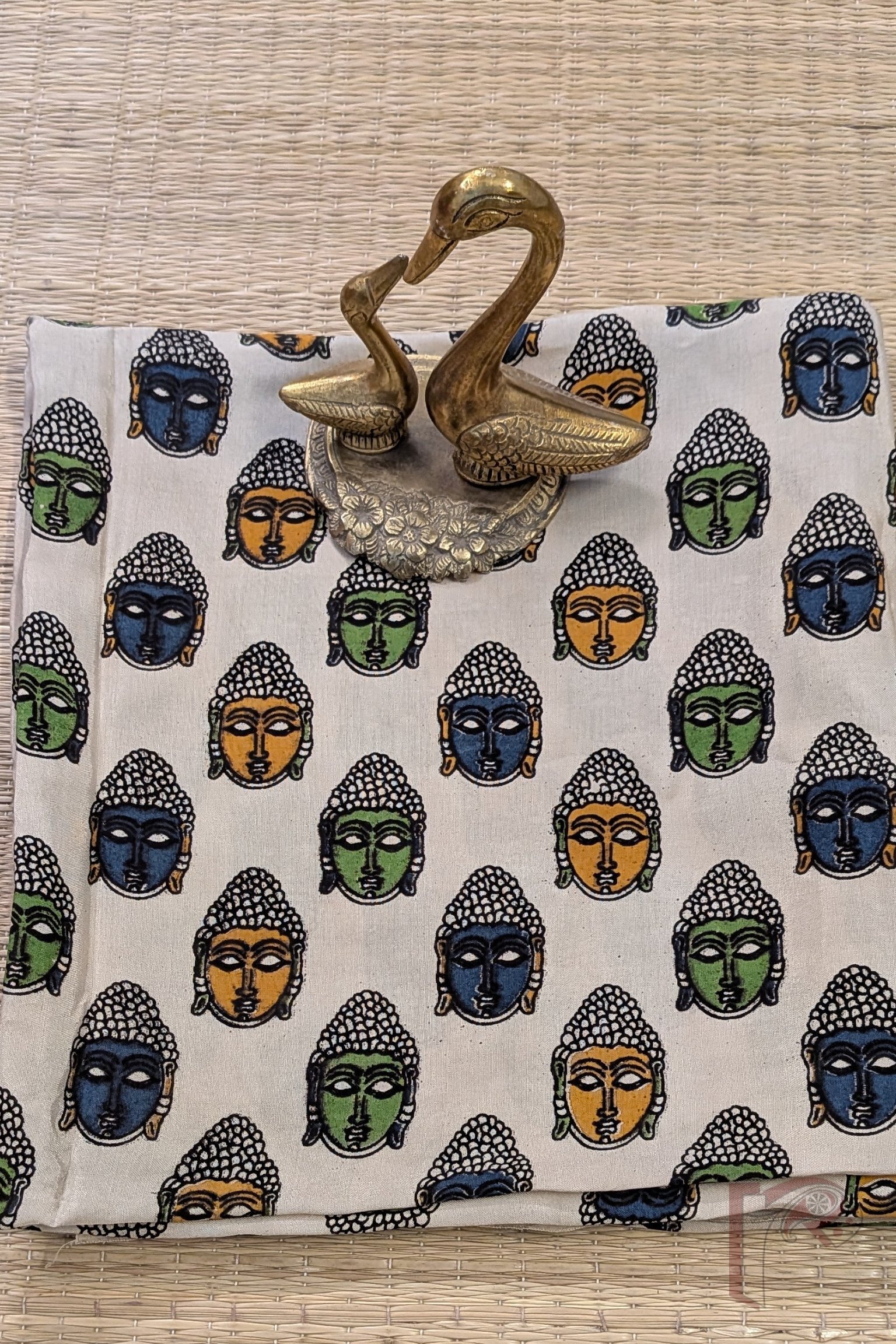 Cream Cotton Silk Kalamkari Blouse Piece with Blue, Green and Yellow Buddha Face Motifs