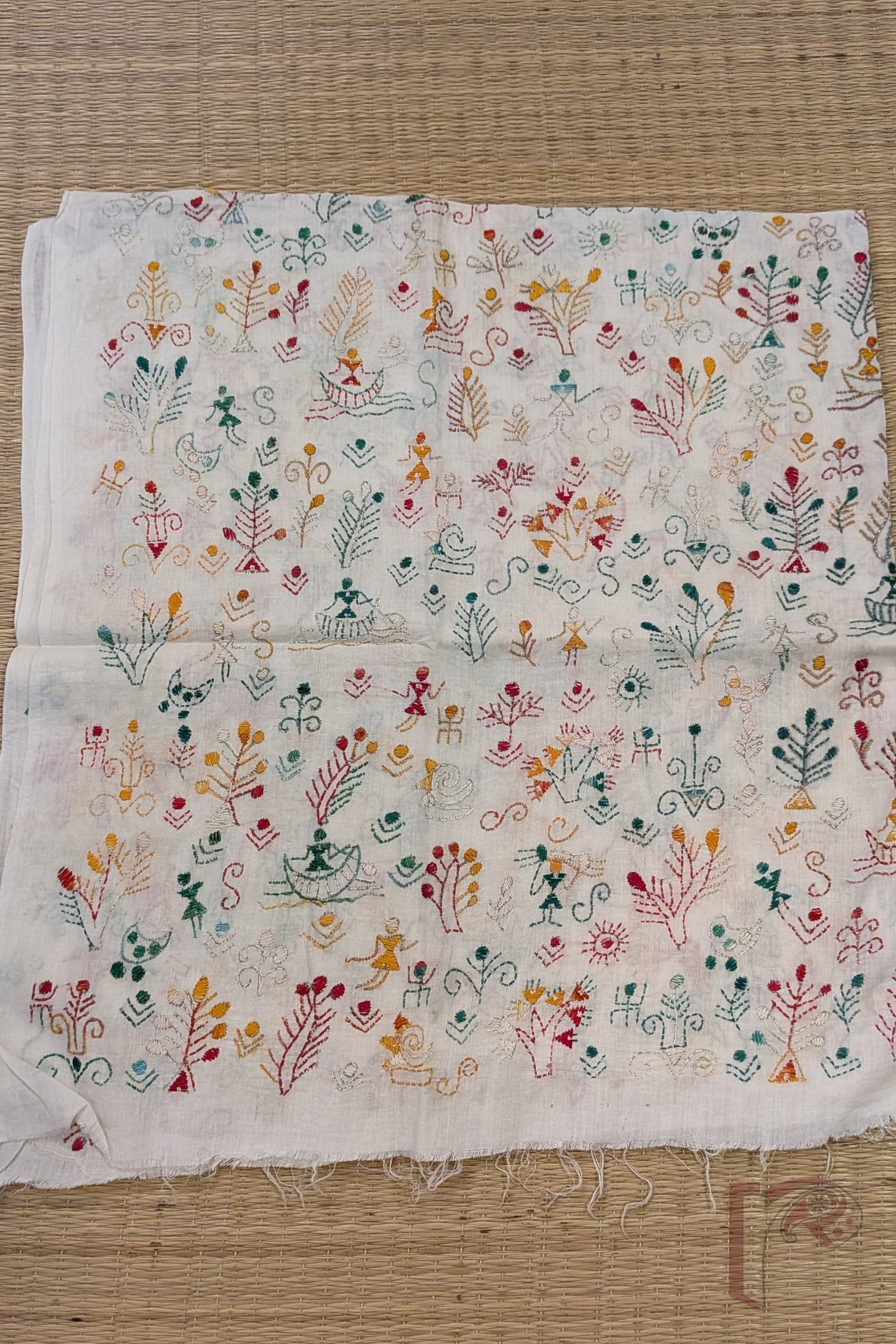 White Cotton Kantha Hand Embroidered Blouse Piece with Multicolour Worli Stick Figures, Leaf and Bud Motifs - Image 2