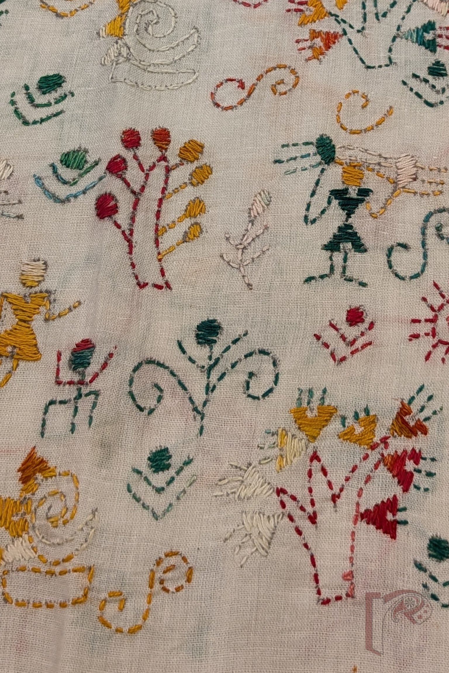 White Cotton Kantha Hand Embroidered Blouse Piece with Multicolour Worli Stick Figures, Leaf and Bud Motifs - Image 4