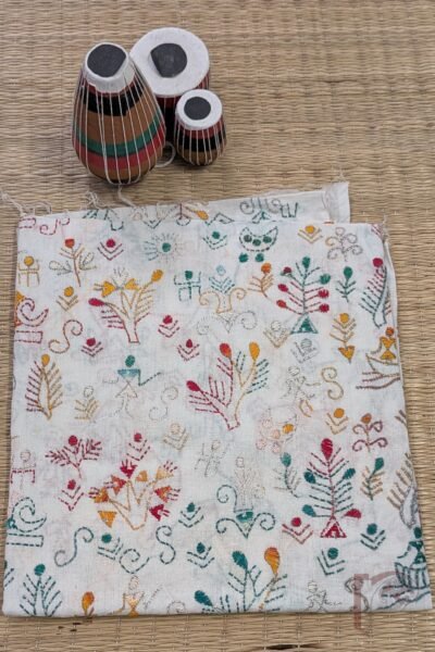 White Cotton Kantha Hand Embroidered Blouse Piece with Multicolour Worli Stick Figures, Leaf and Bud Motifs