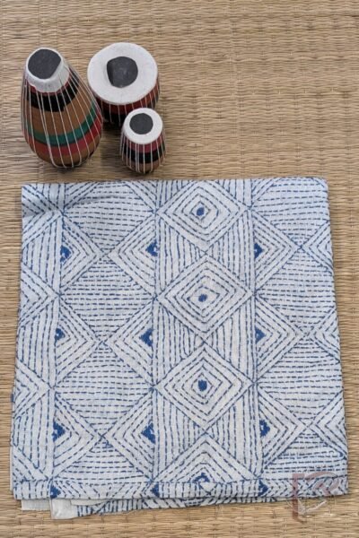 White Cotton Running Kantha Stitch Blouse with Blue Geometric Line Pattern