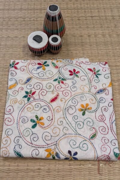 White Cotton Hand Embroidered Blouse Piece with Multicolour Floral and Leaf Vine Motif