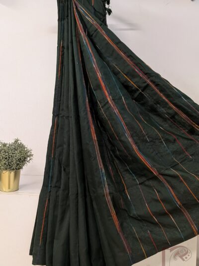Khesh Katha: Dark Leaf Green Khesh Cotton Saree with Multicolour Woven Line Pattern Saree