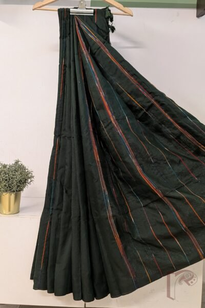 Khesh Katha: Dark Leaf Green Khesh Cotton Saree with Multicolour Woven Line Pattern Saree