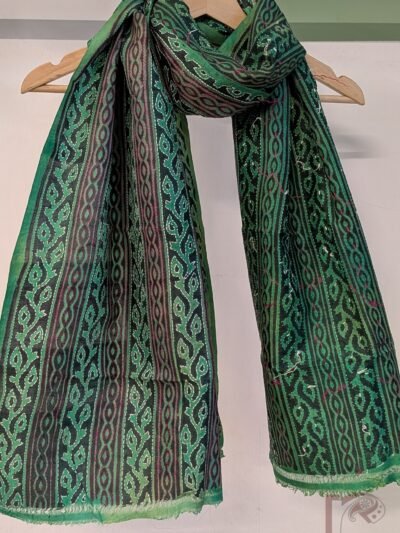 Dreamy Drapes - Bottle Green and Leaf Green Tussar Silk Striped Leaf Motif Block Printed Kantha Stole with Red and White Embroidery