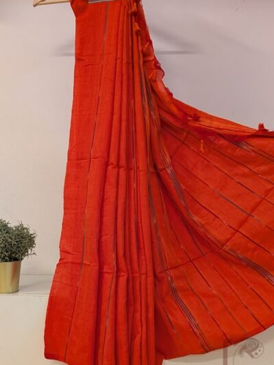 Khesh Katha: Bright Orange Khesh Cotton Saree with Multicolour Woven Line Pattern Saree