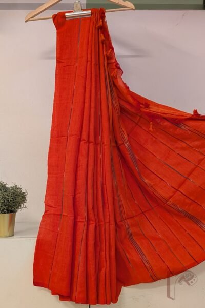Khesh Katha: Bright Orange Khesh Cotton Saree with Multicolour Woven Line Pattern Saree