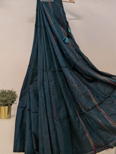 Khesh Katha: Sea Green Khesh Cotton Saree with Multicolour Woven Line Pattern Saree