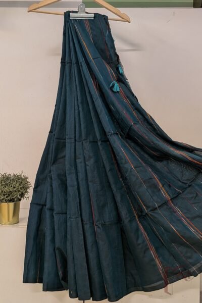 Khesh Katha: Sea Green Khesh Cotton Saree with Multicolour Woven Line Pattern Saree