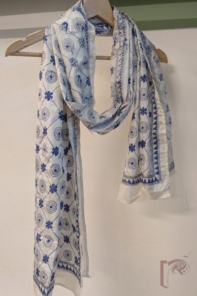 Dreamy Drapes - Offwhite Blended Silk Kantha Stole with Blue Diamond Grid, Floral Motifs and Concentric Circle Embroidery