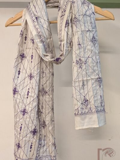 Dreamy Drapes - Cream Blended Silk Kantha Stole with Purple Geometric Lines and Diamond Patterns