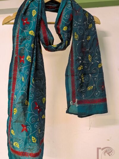 Dreamy Drapes - Rama Green Blended Silk Kantha Stole with Multicolour Floral and Leaf Vine Embroidery