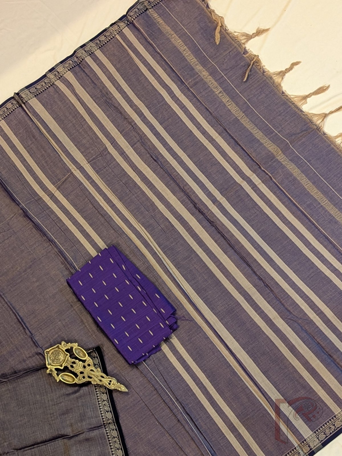 Ilkal Heritage - Purple Mercerized Cotton Ilkal Saree with Dark Purple Selvage and Beige Striped Pallu - Image 3