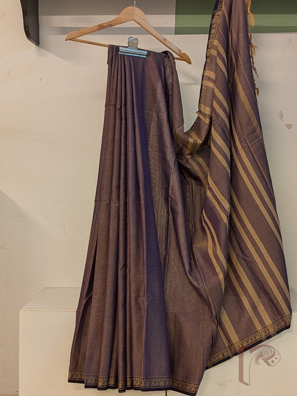 Ilkal Heritage - Purple Mercerized Cotton Ilkal Saree with Dark Purple Selvage and Beige Striped Pallu