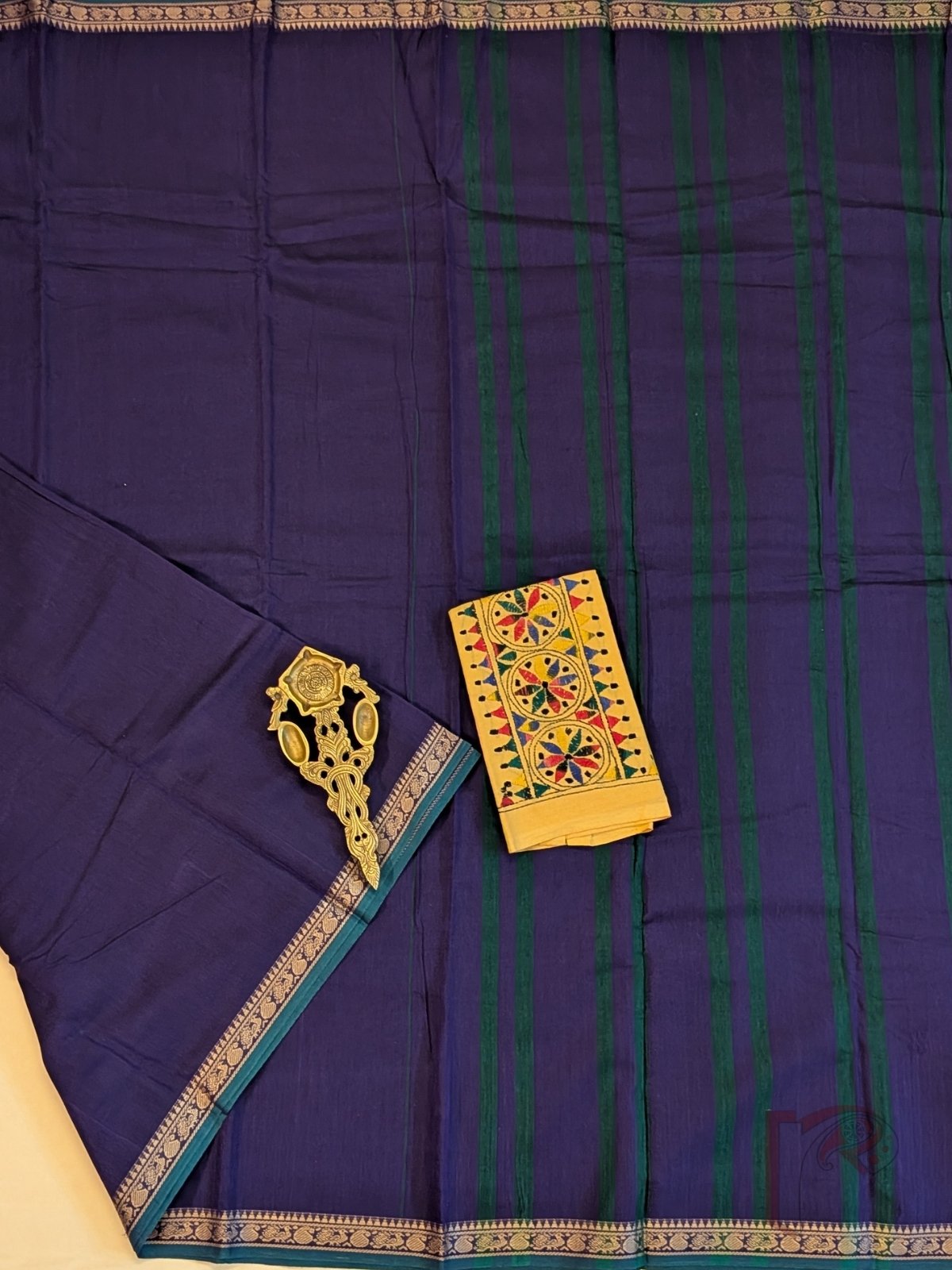 Ilkal Heritage - Dark Ink Blue Mercerized Cotton Ilkal Saree with Green Selvage and Orange Striped Pallu - Image 2