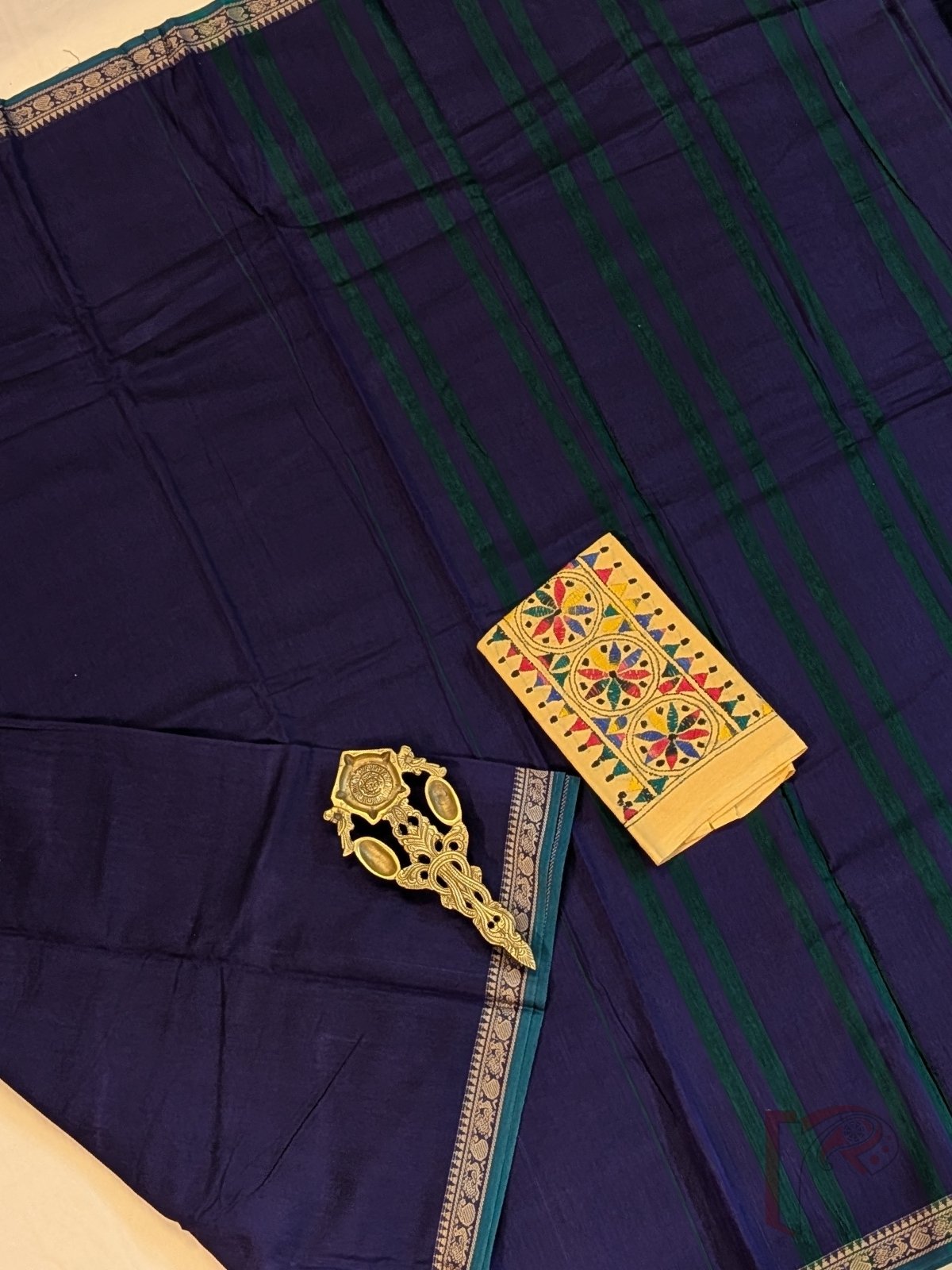 Ilkal Heritage - Dark Ink Blue Mercerized Cotton Ilkal Saree with Green Selvage and Orange Striped Pallu - Image 3