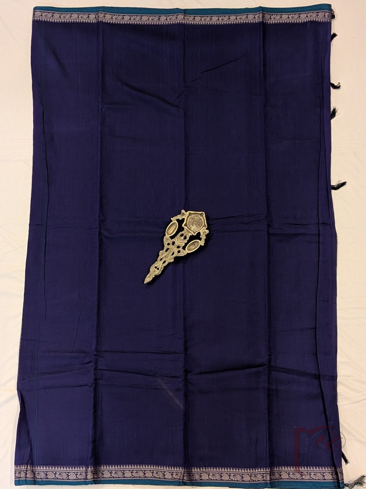 Ilkal Heritage - Dark Ink Blue Mercerized Cotton Ilkal Saree with Green Selvage and Orange Striped Pallu - Image 4