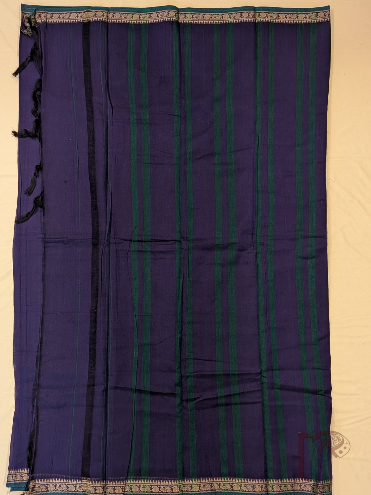 Ilkal Heritage - Dark Ink Blue Mercerized Cotton Ilkal Saree with Green Selvage and Orange Striped Pallu - Image 5