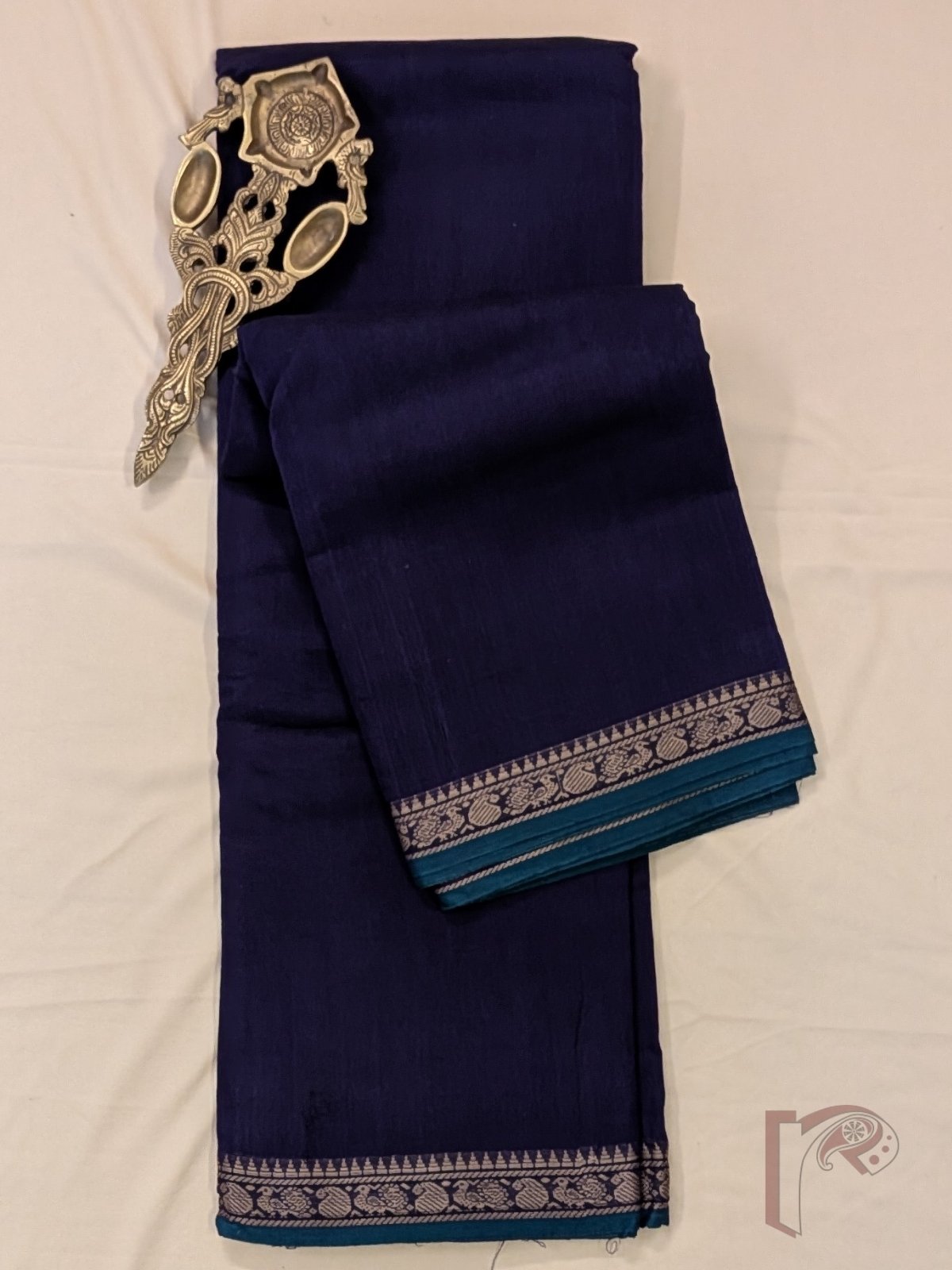 Ilkal Heritage - Dark Ink Blue Mercerized Cotton Ilkal Saree with Green Selvage and Orange Striped Pallu - Image 6